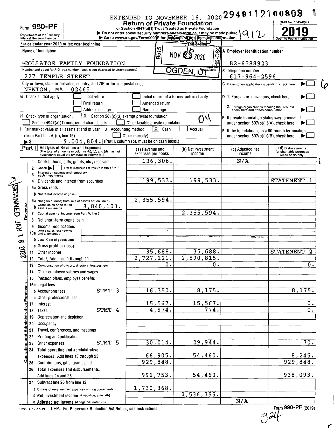 Image of first page of 2019 Form 990PF for Collatos Family Foundation