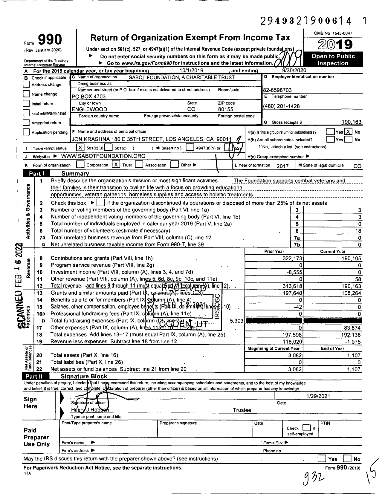 Image of first page of 2019 Form 990 for Sabot Foundation A Charitable Trust