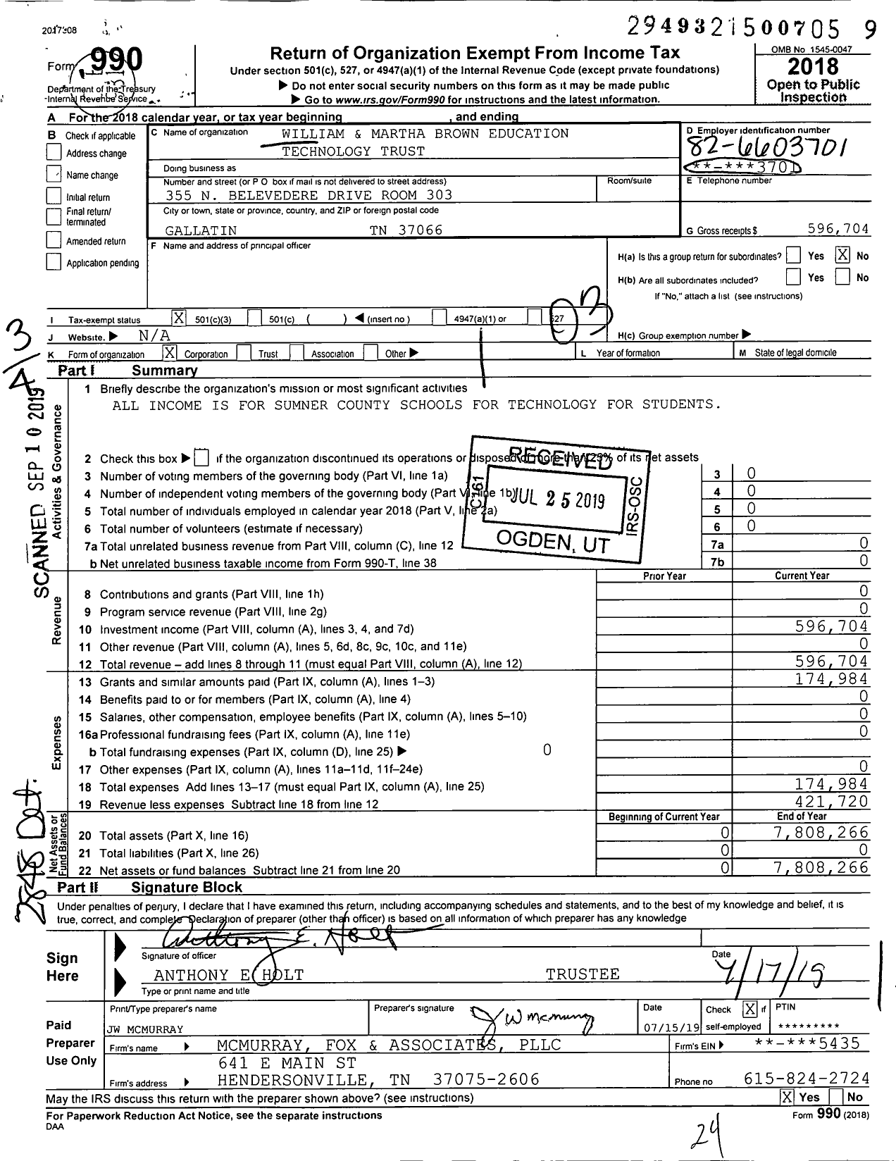 Image of first page of 2018 Form 990 for Sumner Board of Education