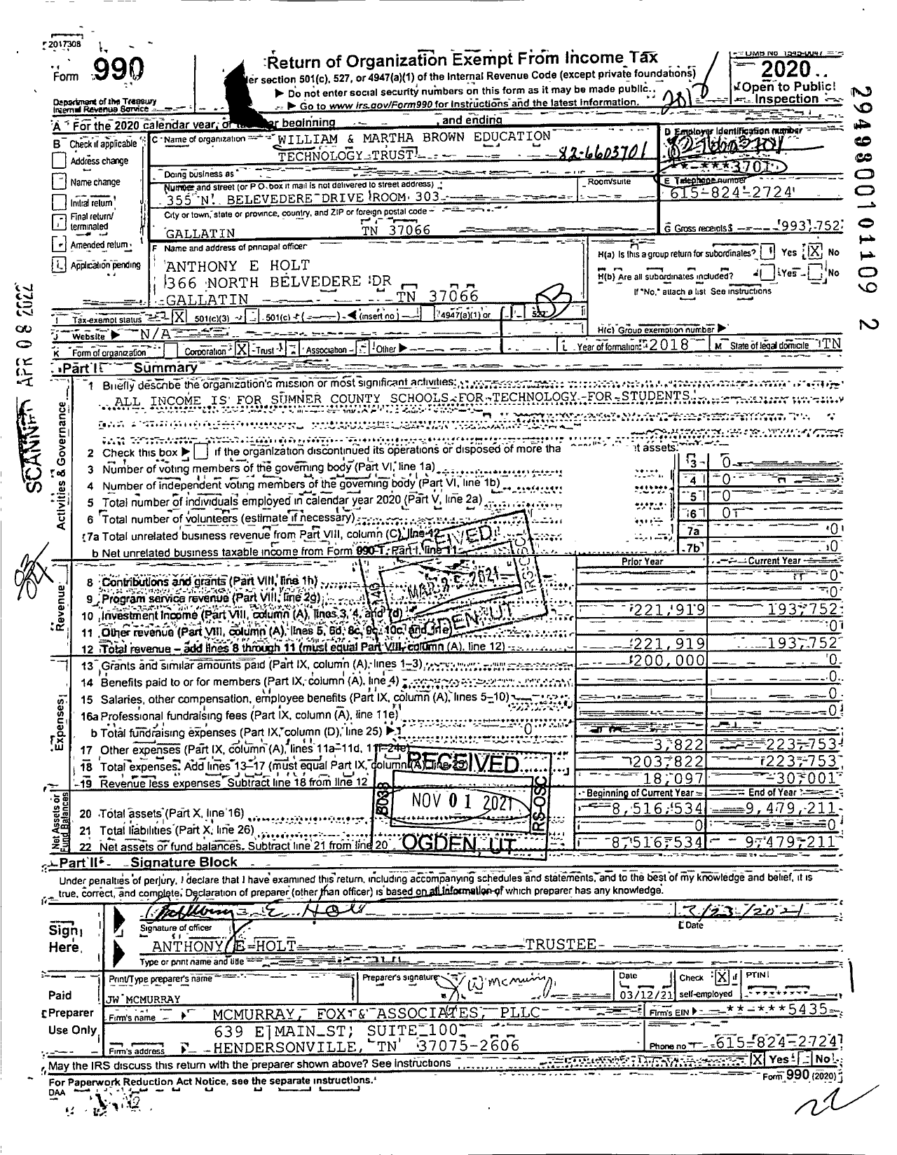 Image of first page of 2020 Form 990 for Sumner Board of Education