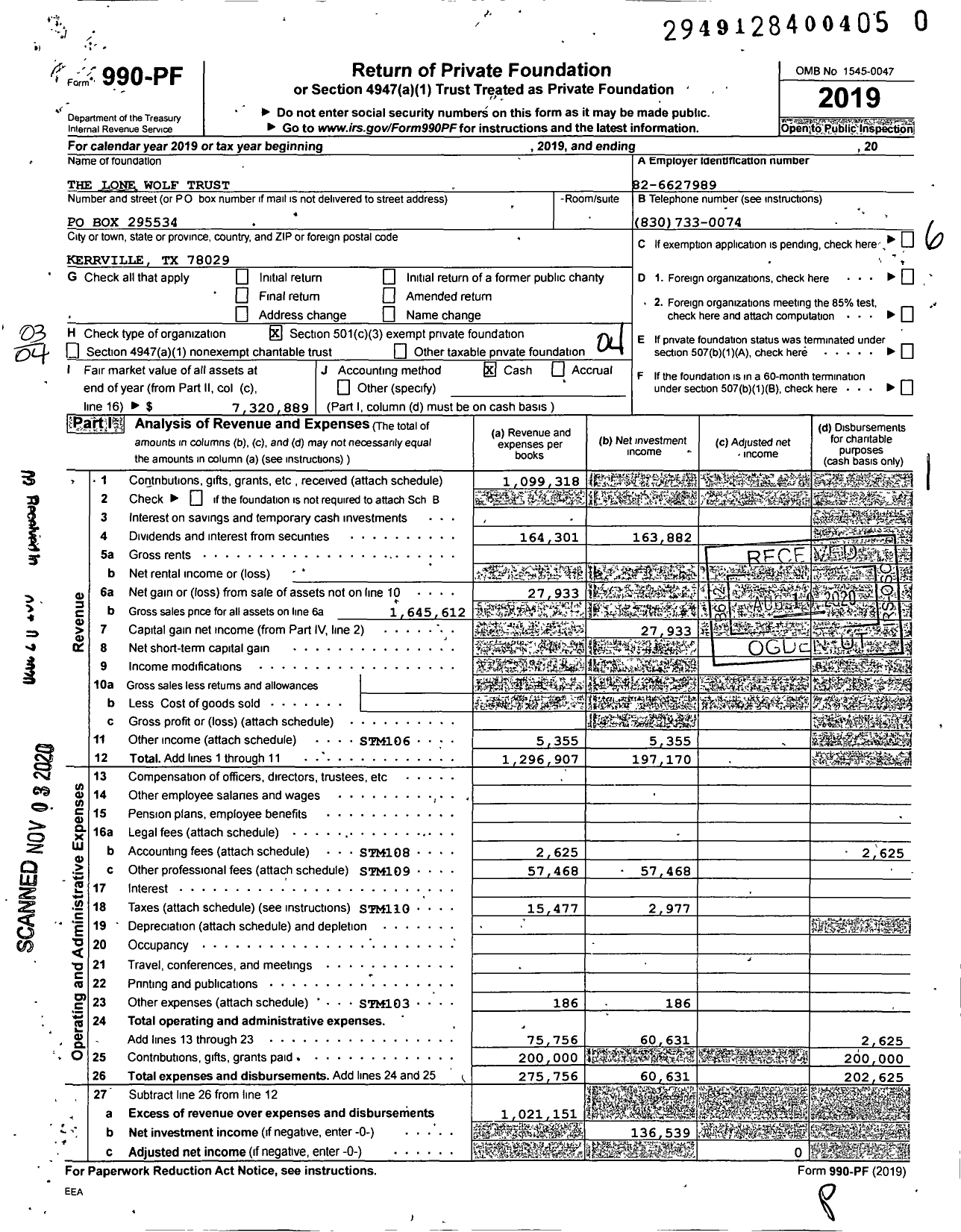 Image of first page of 2019 Form 990PF for The Lone Wolf Trust