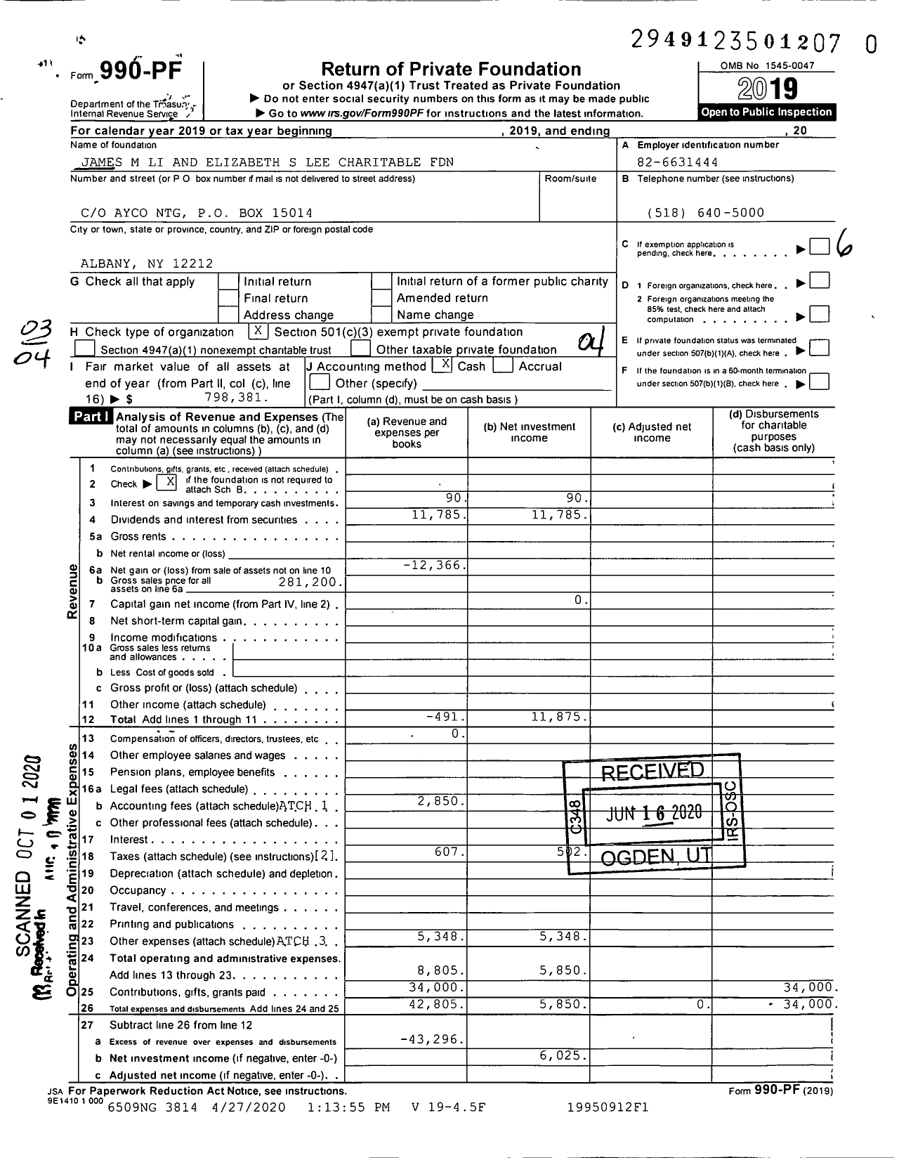 Image of first page of 2019 Form 990PR for James M Li and Elizabeth S Lee Charitable Foundation