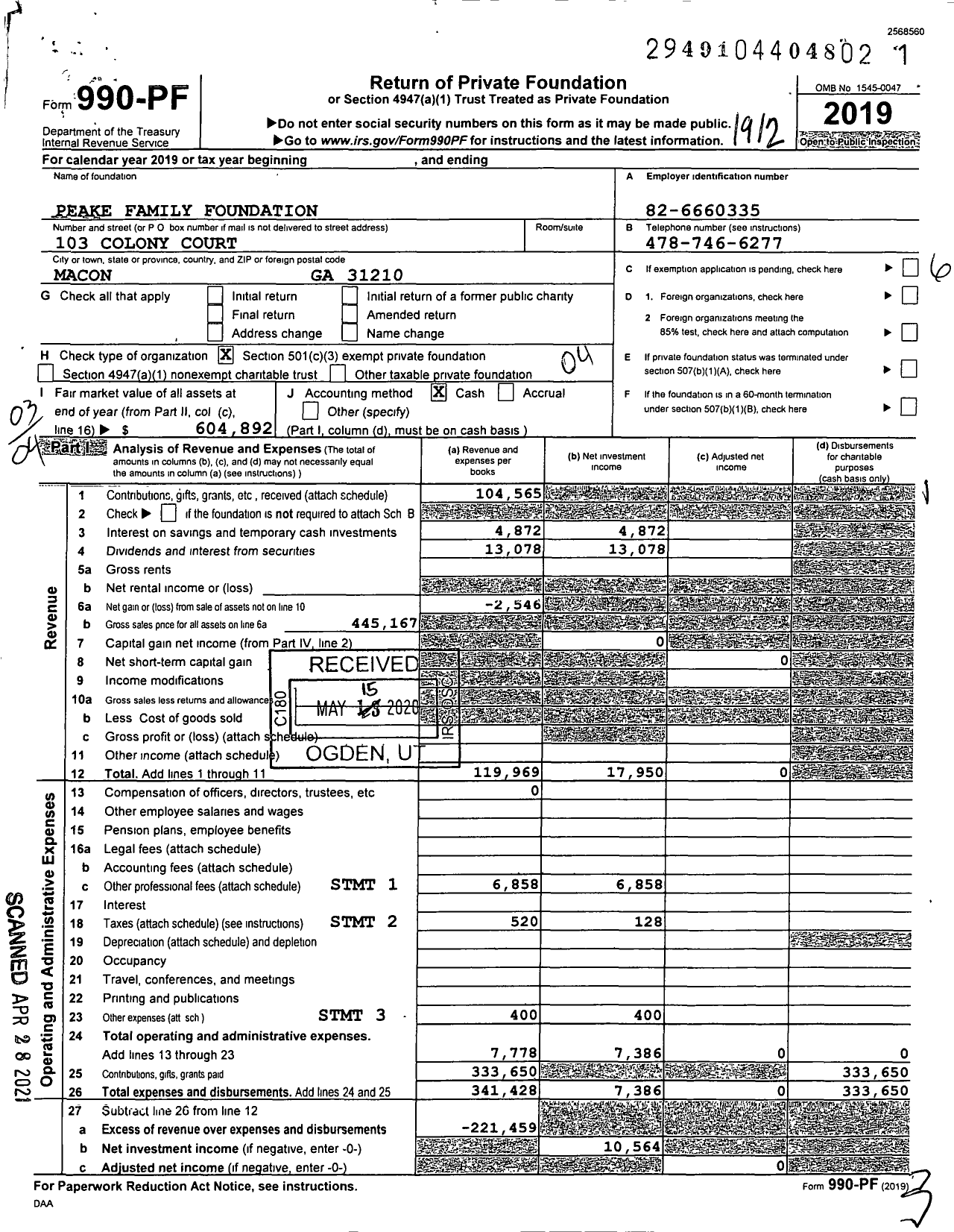 Image of first page of 2019 Form 990PF for Peake Family Foundation