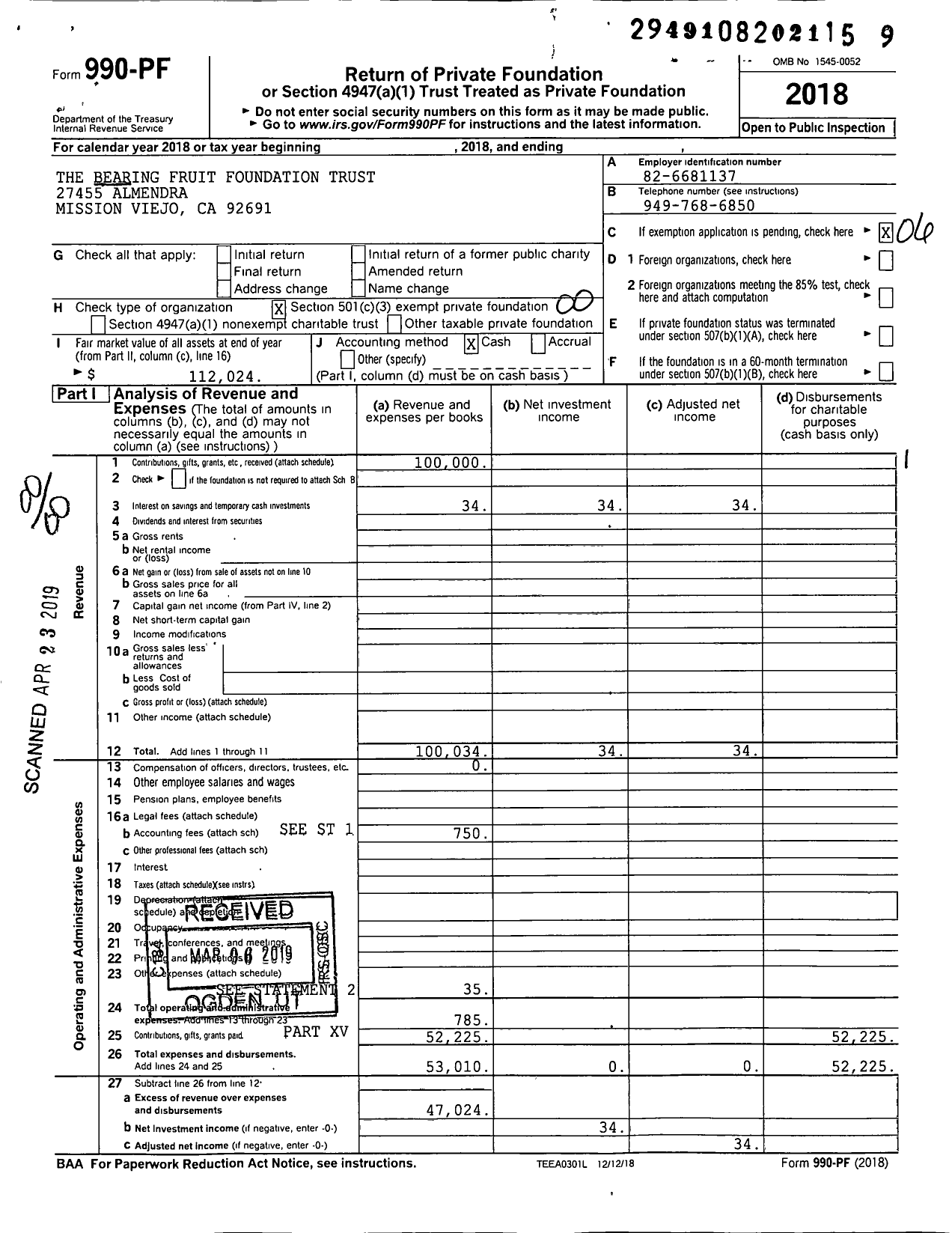 Image of first page of 2018 Form 990PF for The Bearing Fruit Foundation Trust