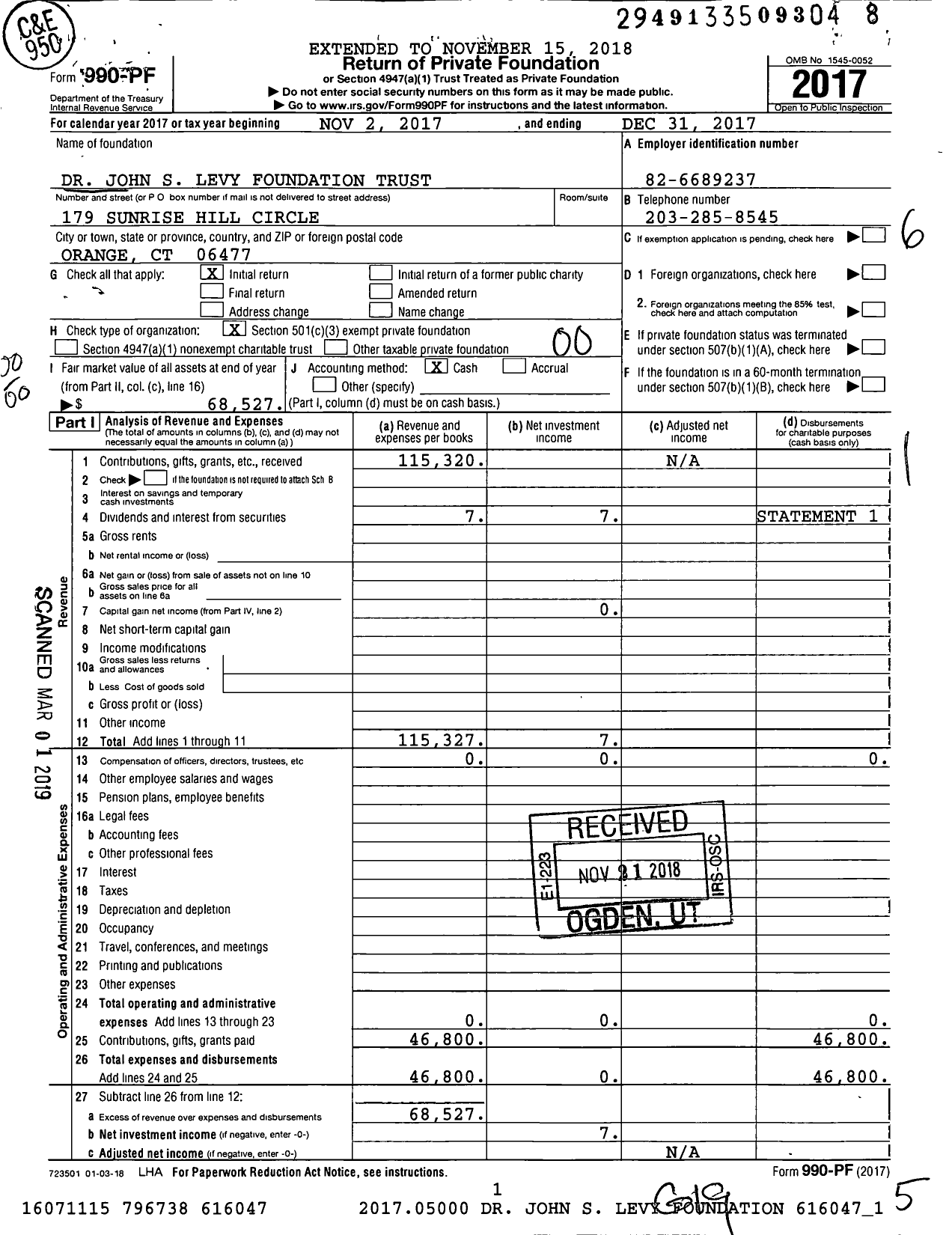 Image of first page of 2017 Form 990PF for Dr John S Levy Foundation Trust