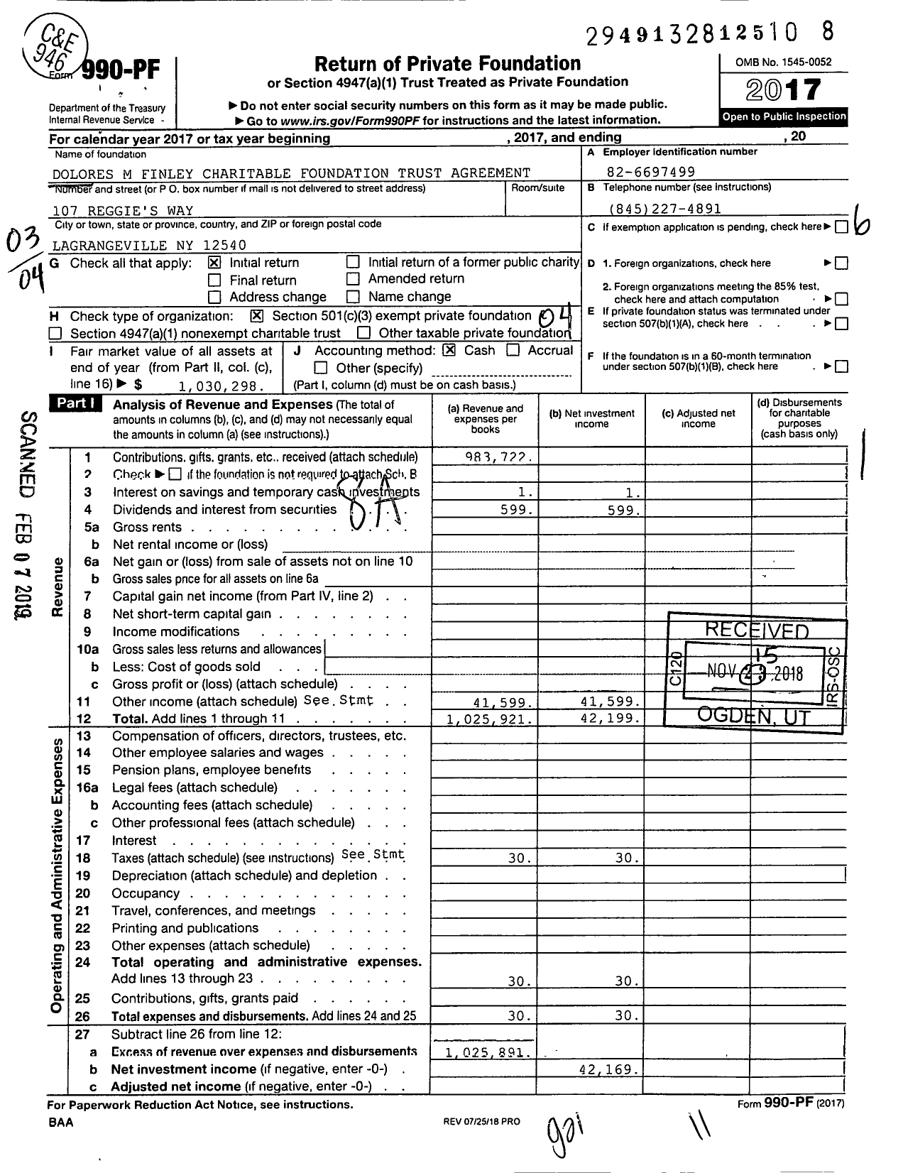 Image of first page of 2017 Form 990PF for Dolores M Finley Charitable Foundation Trust Agreement