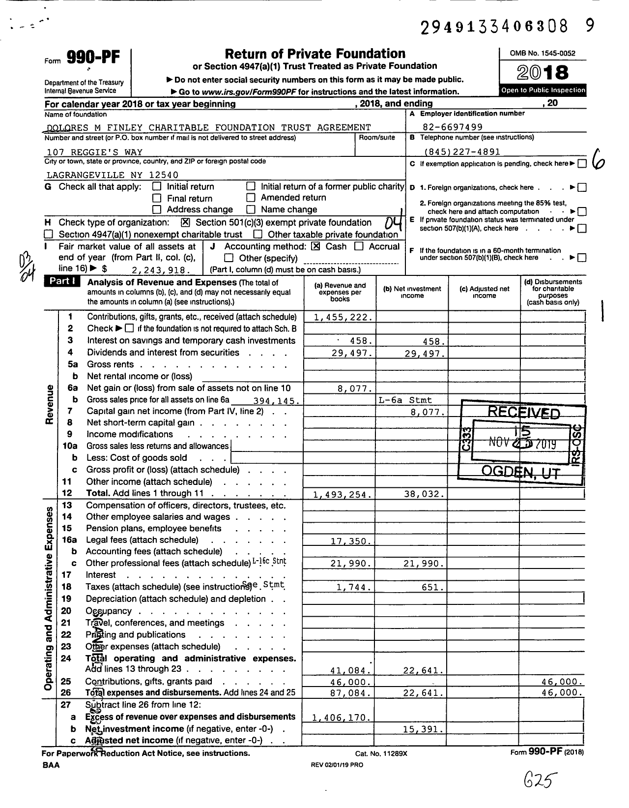 Image of first page of 2018 Form 990PF for Dolores M Finley Charitable Foundation Trust Agreement