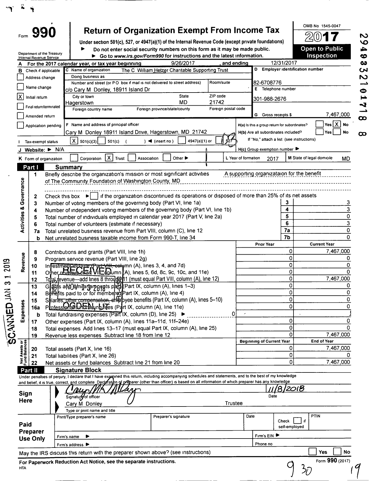 Image of first page of 2017 Form 990 for The C William Hetzer Charitable Supporting Trust