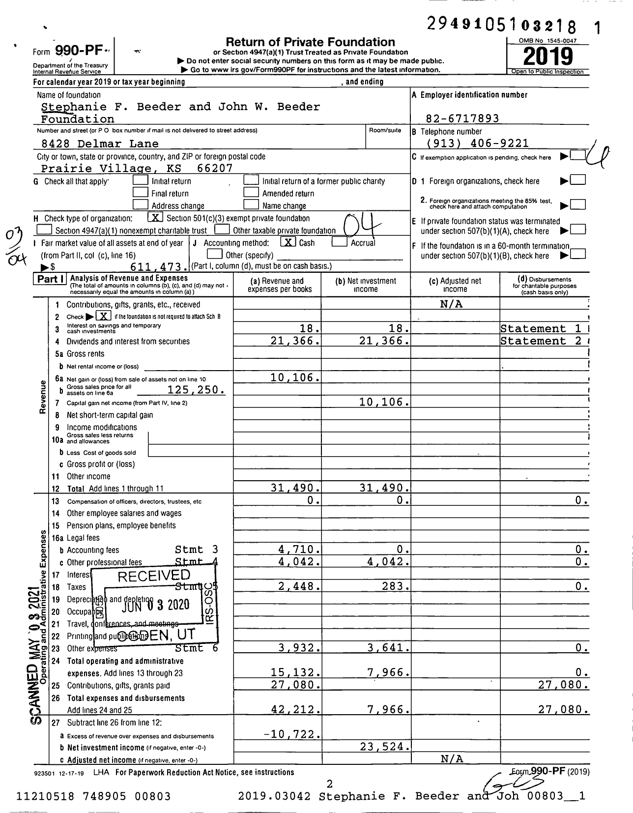 Image of first page of 2019 Form 990PF for Stephanie F Beeder and John W Beeder Foundation