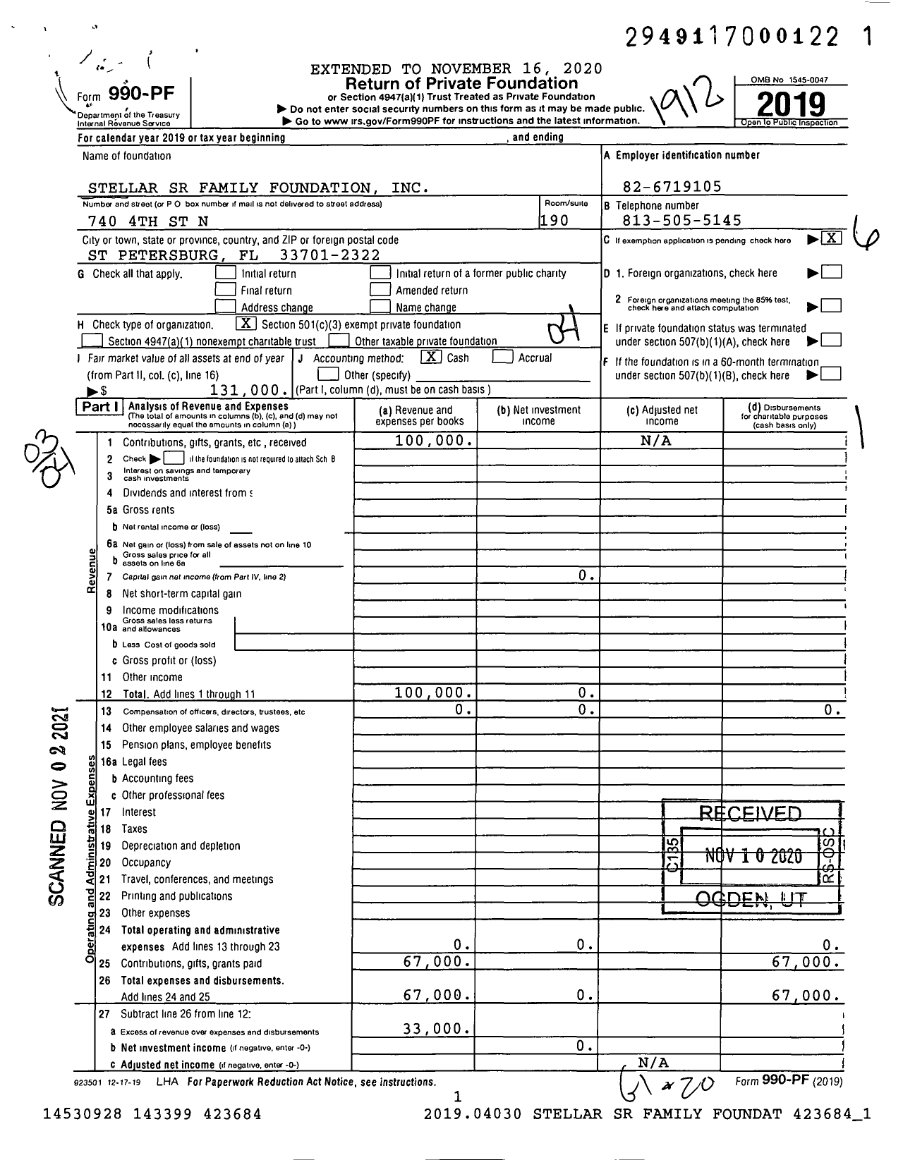 Image of first page of 2019 Form 990PF for Stellar SR Family Foundation