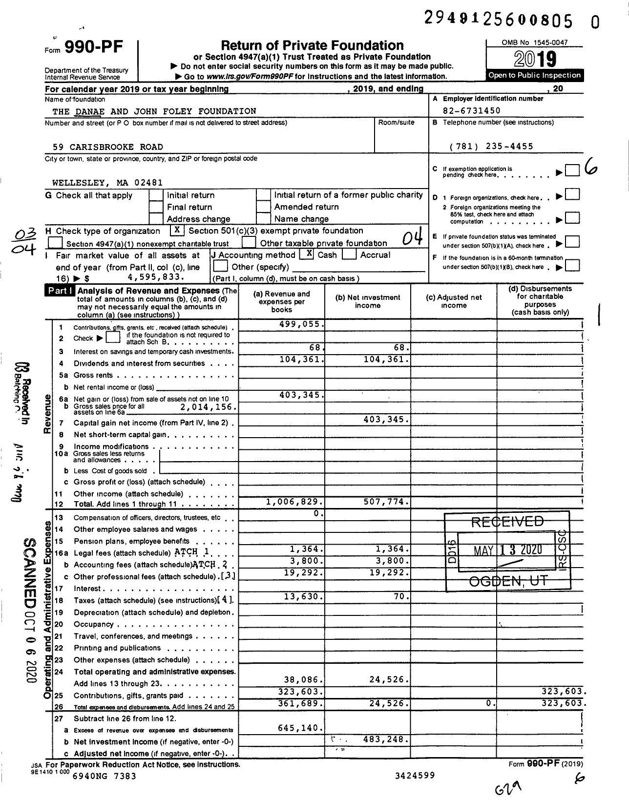 Image of first page of 2019 Form 990PR for The Danae and John Foley Foundation