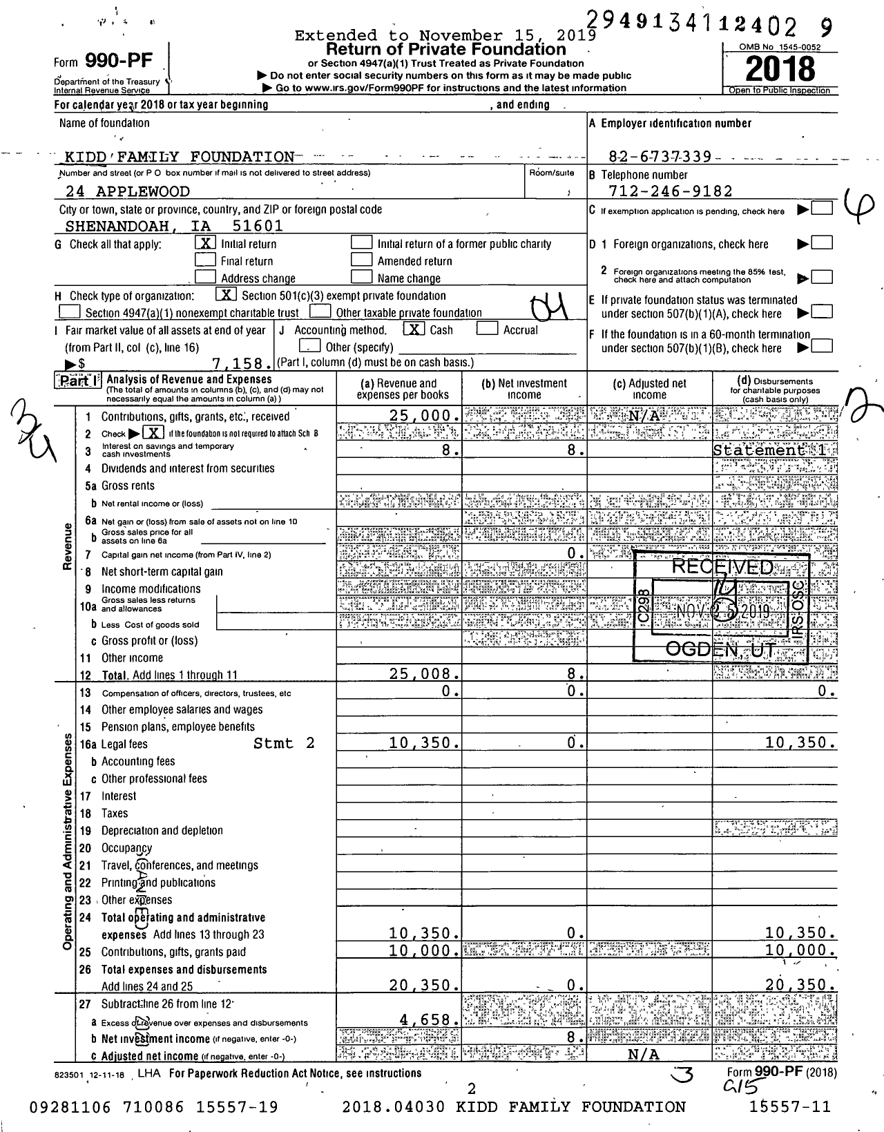 Image of first page of 2018 Form 990PF for Kidd Family Foundation / John R Kidd Ttee
