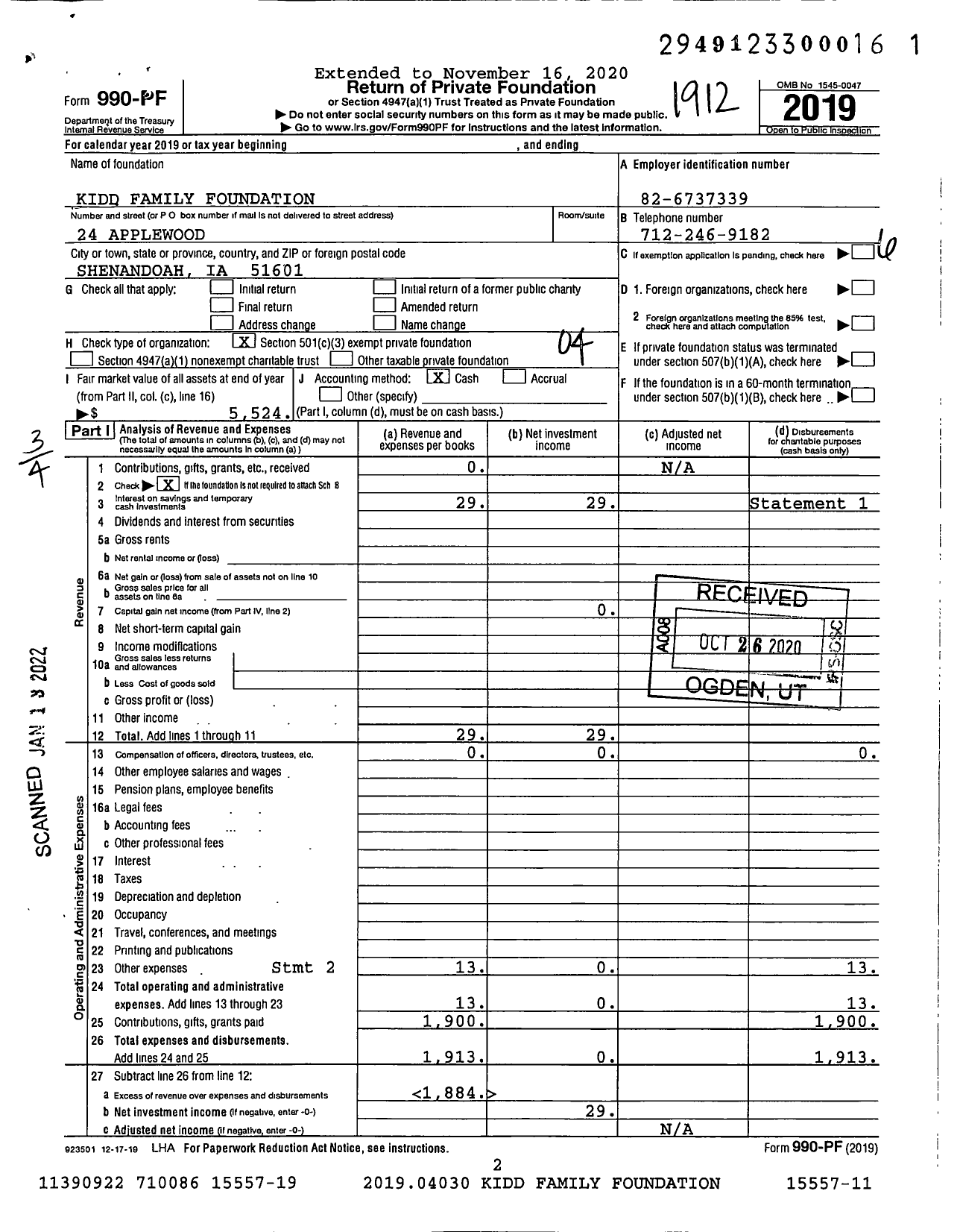 Image of first page of 2019 Form 990PF for Kidd Family Foundation / John R Kidd Ttee
