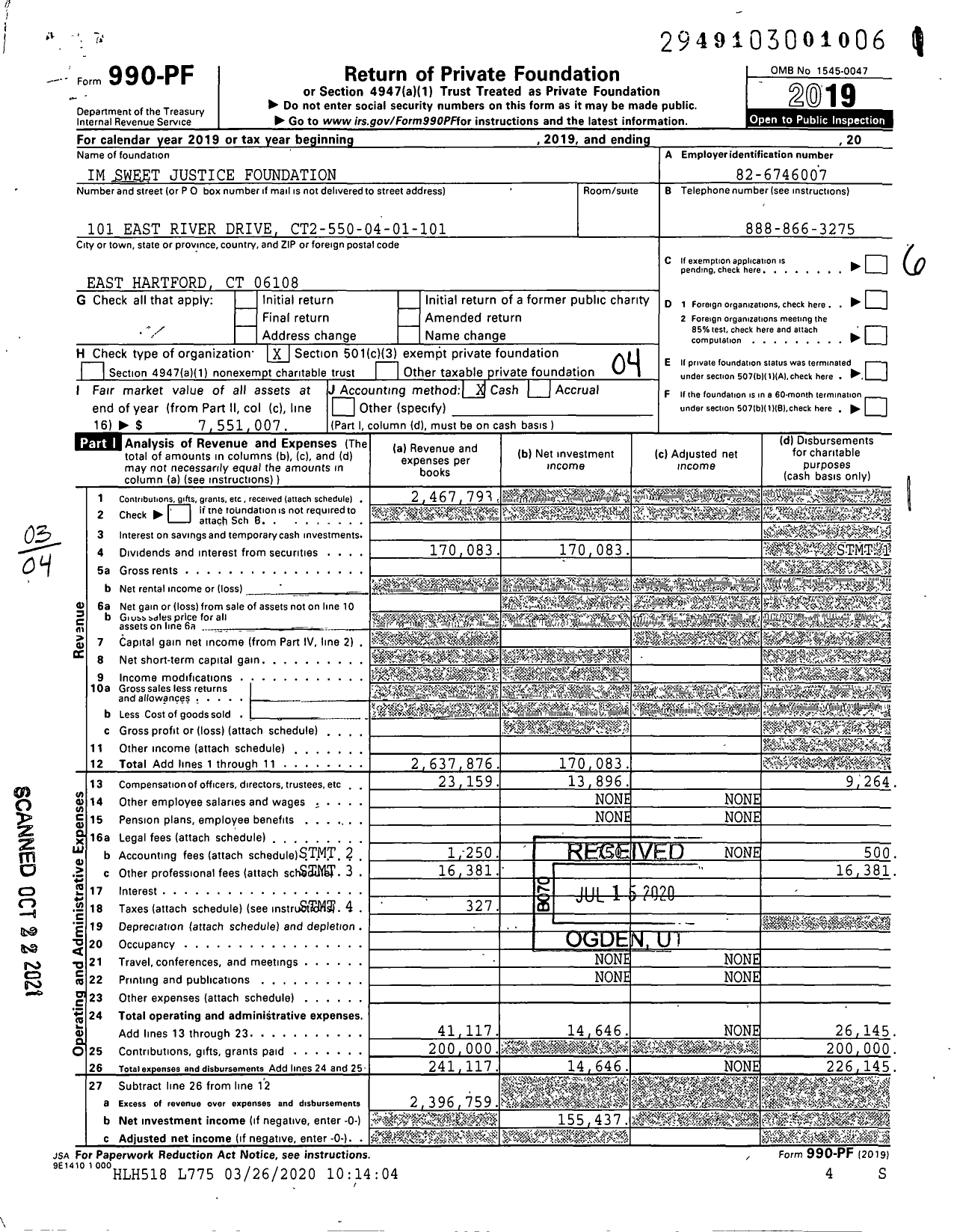 Image of first page of 2019 Form 990PF for Sweet Justice Foundation