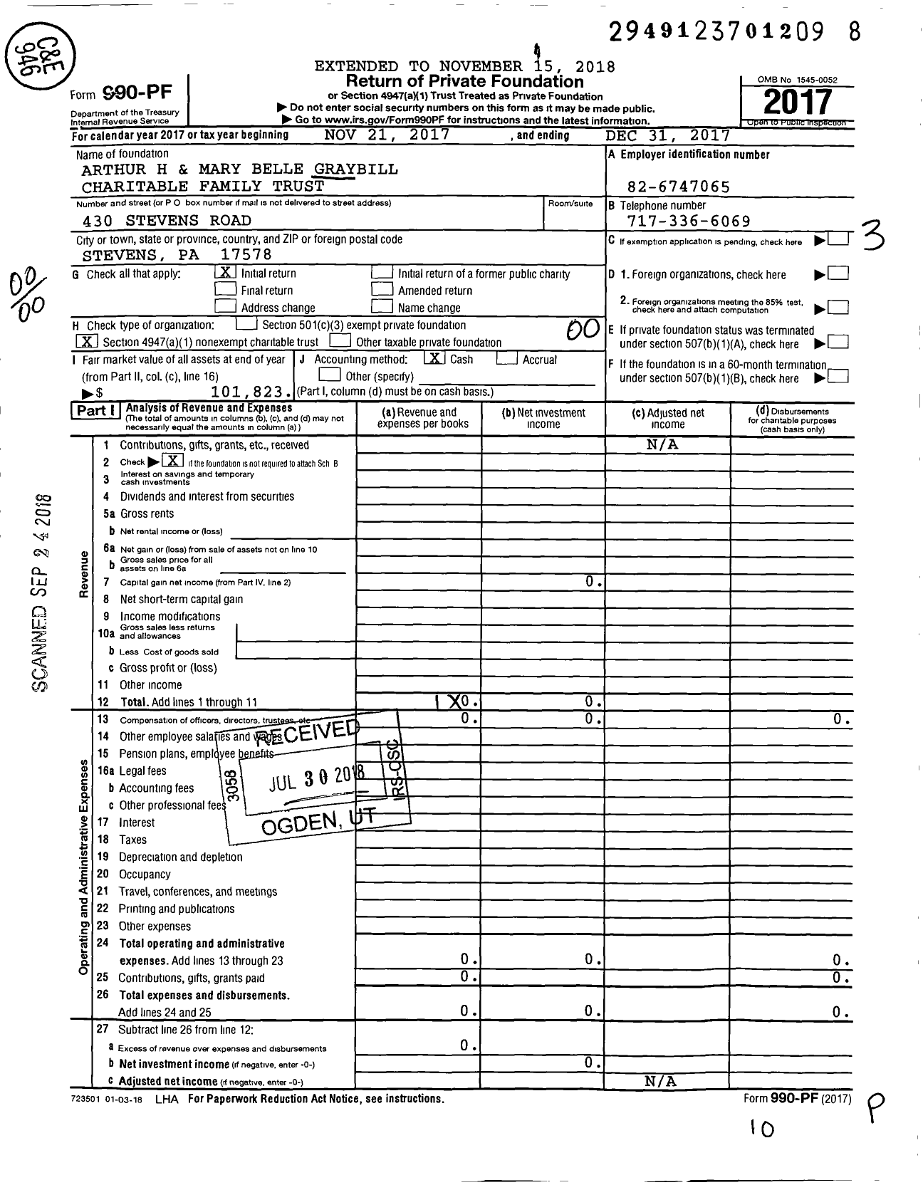 Image of first page of 2017 Form 990PF for Arthur H and Mary Belle Graybill Charitable Family Trust