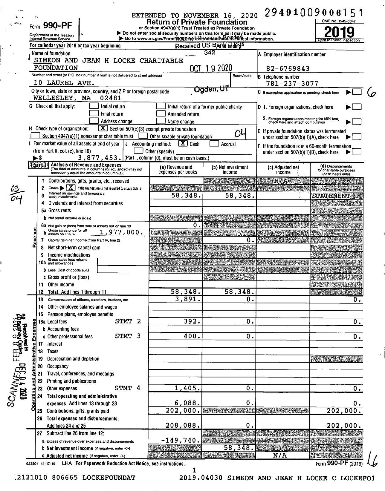 Image of first page of 2019 Form 990PF for Simeon and Jean H Locke Charitable Foundation