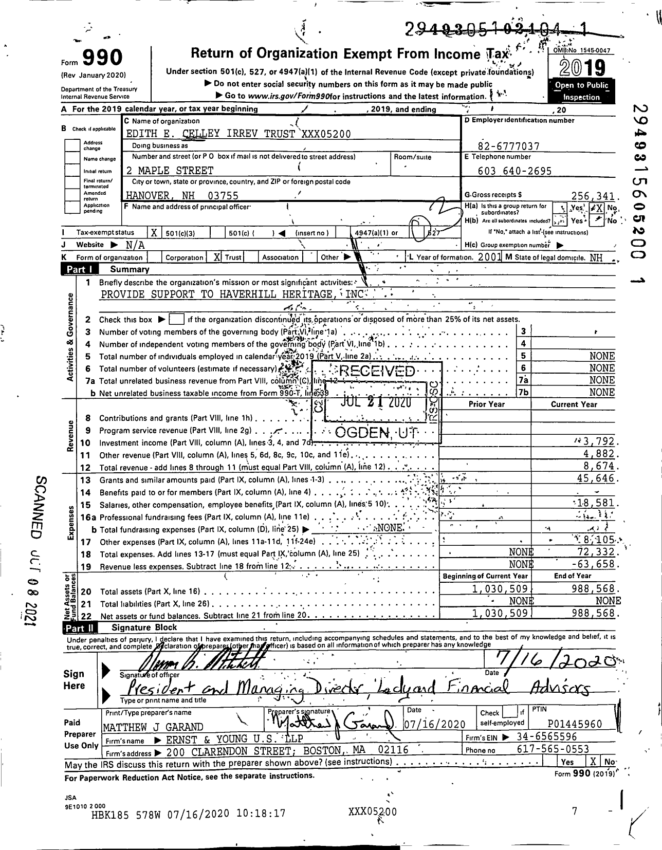 Image of first page of 2019 Form 990 for Edith E Celley Unitrust DTD 81189