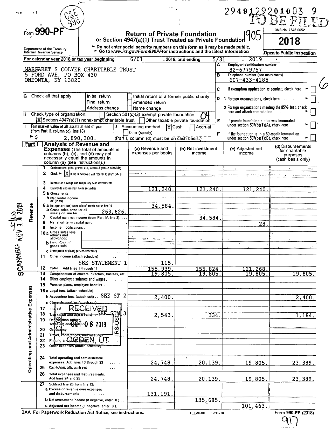 Image of first page of 2018 Form 990PF for Margaret S Colyer Charitable Trust 000004