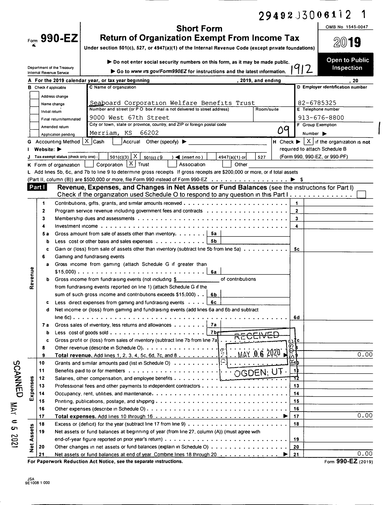 Image of first page of 2019 Form 990EO for Seaboard Corporation Welfare Benefits Trust