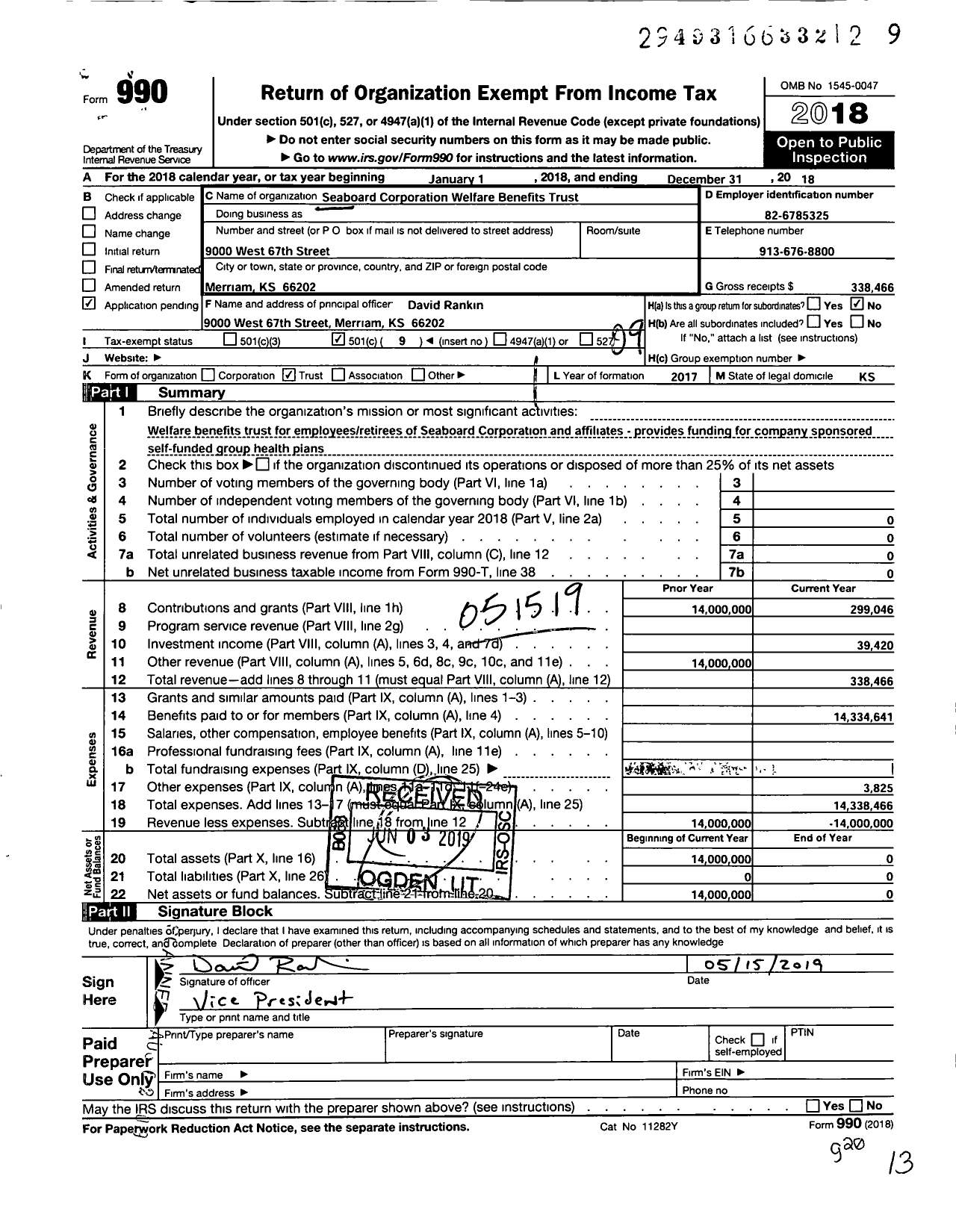 Image of first page of 2018 Form 990O for Seaboard Corporation Welfare Benefits Trust