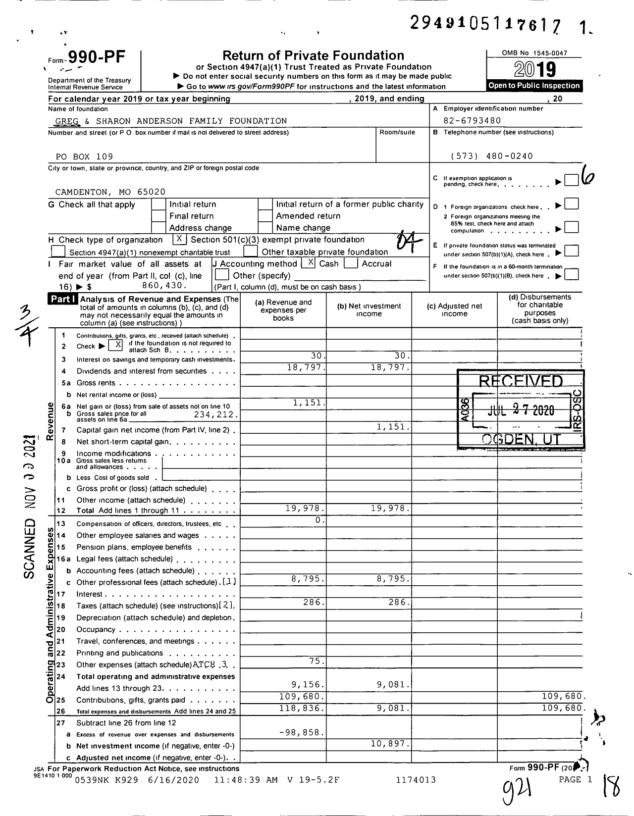 Image of first page of 2019 Form 990PF for Greg & Sharon Anderson Family Foundation