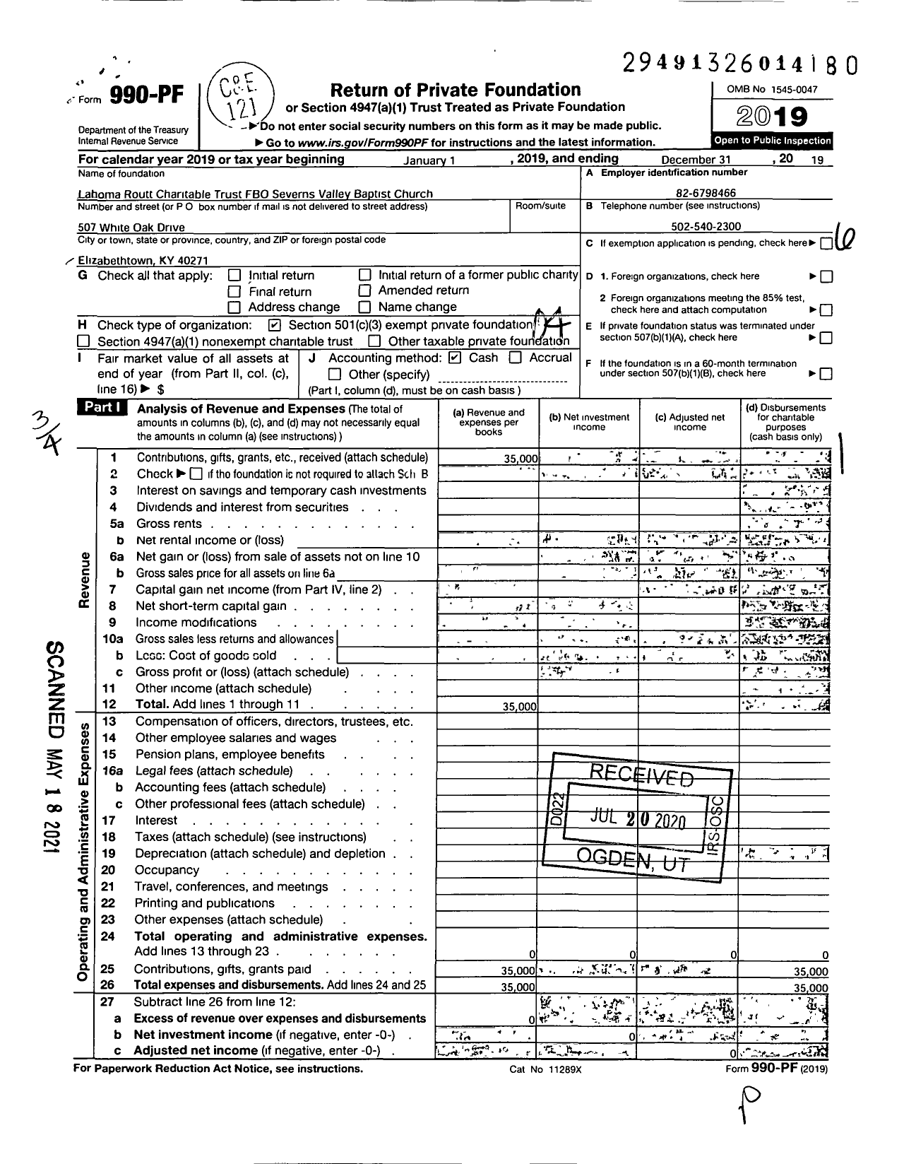 Image of first page of 2019 Form 990PF for Lahoma Routt Charitable TR Fbo Severns Valley Baptist Church