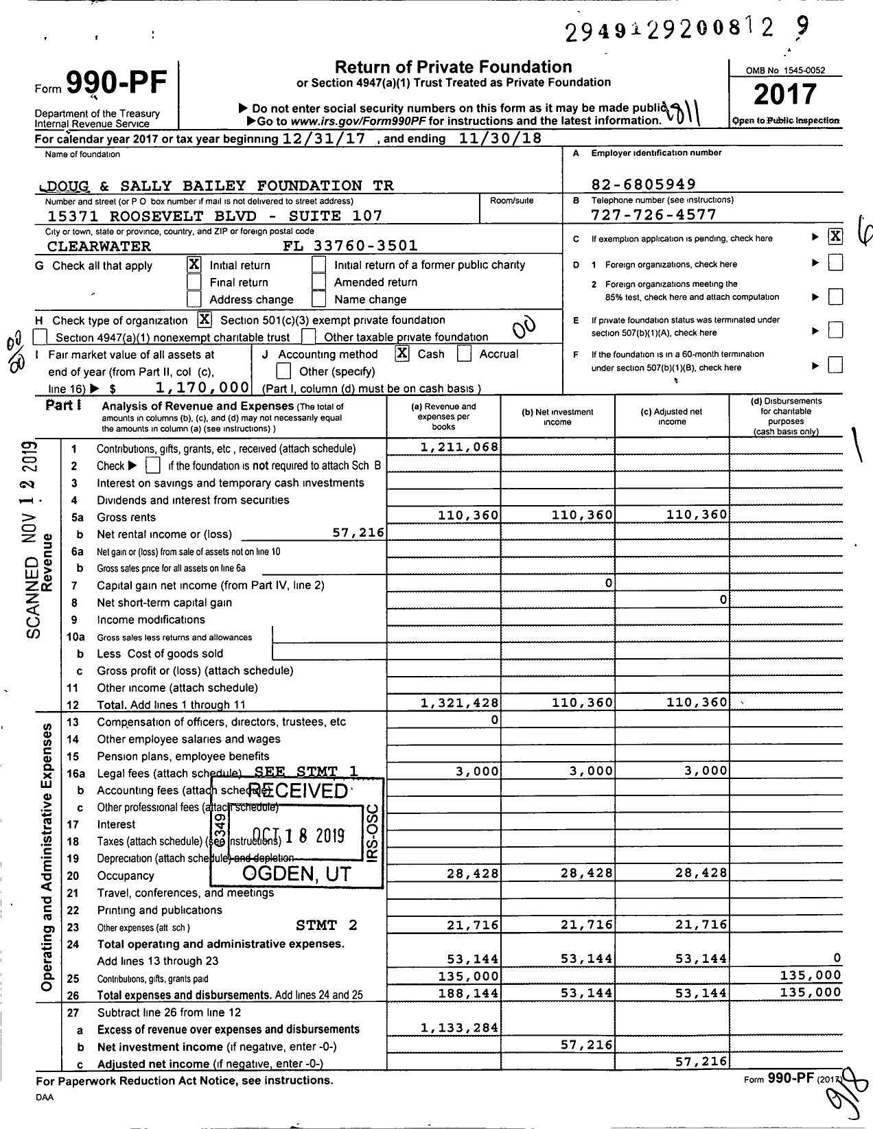 Image of first page of 2017 Form 990PF for Doug and Sally Bailey Foundation Trust