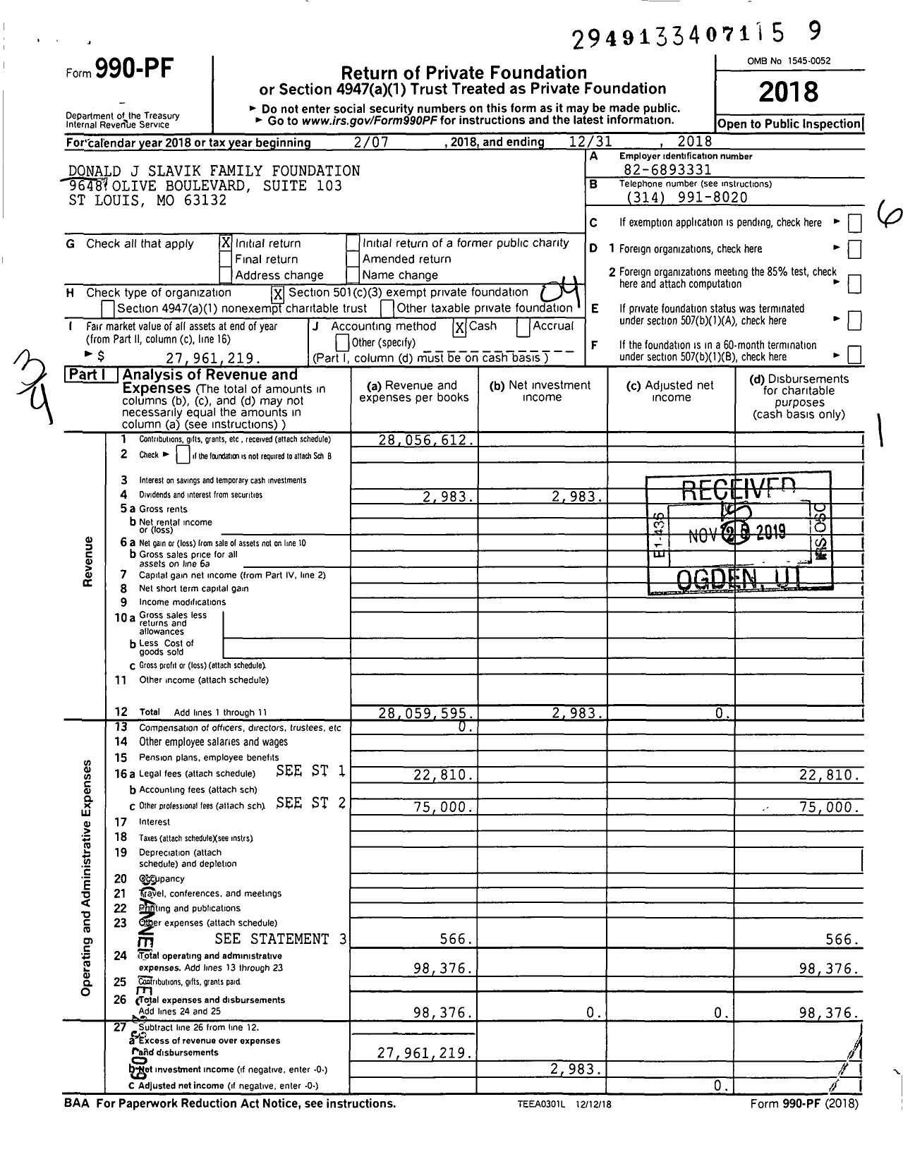 Image of first page of 2018 Form 990PF for Donald J Slavik Family Foundation