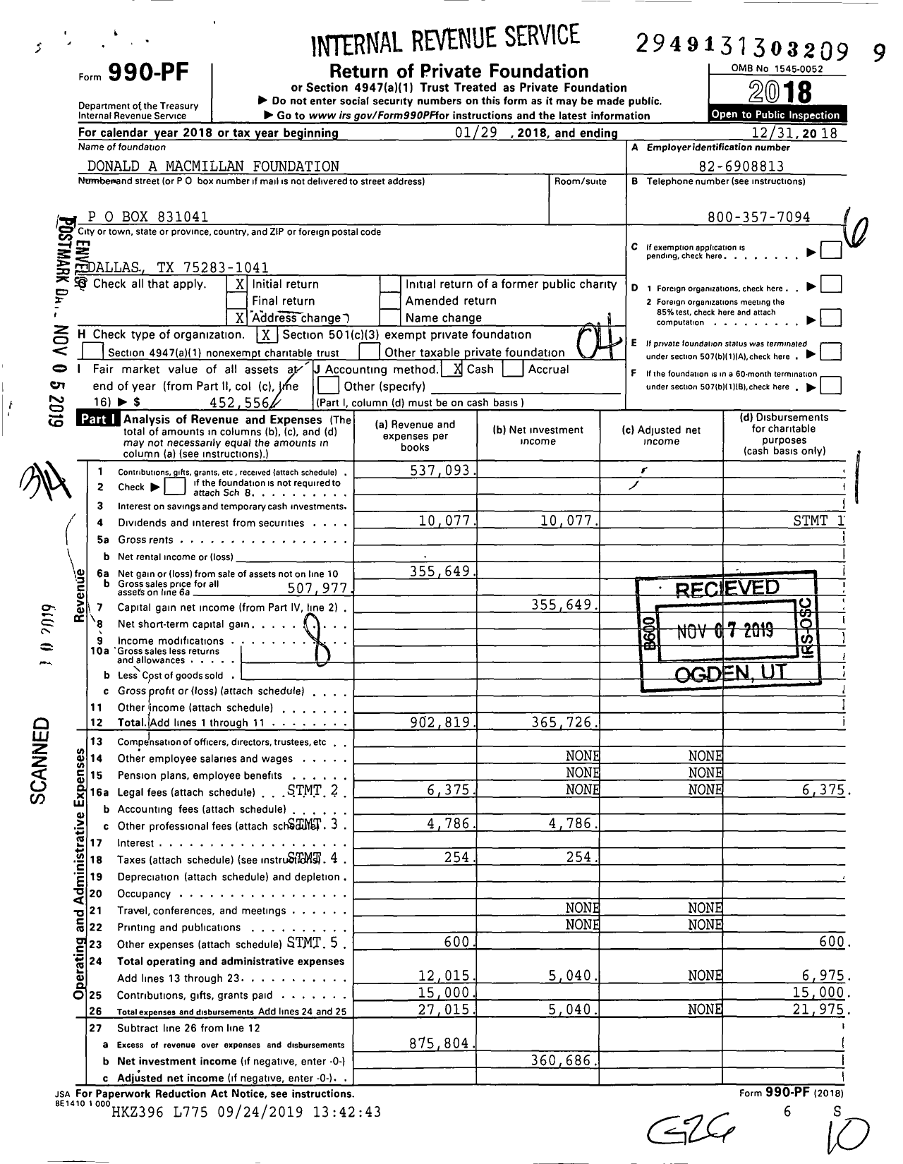 Image of first page of 2018 Form 990PF for Donald A Macmillan Foundation