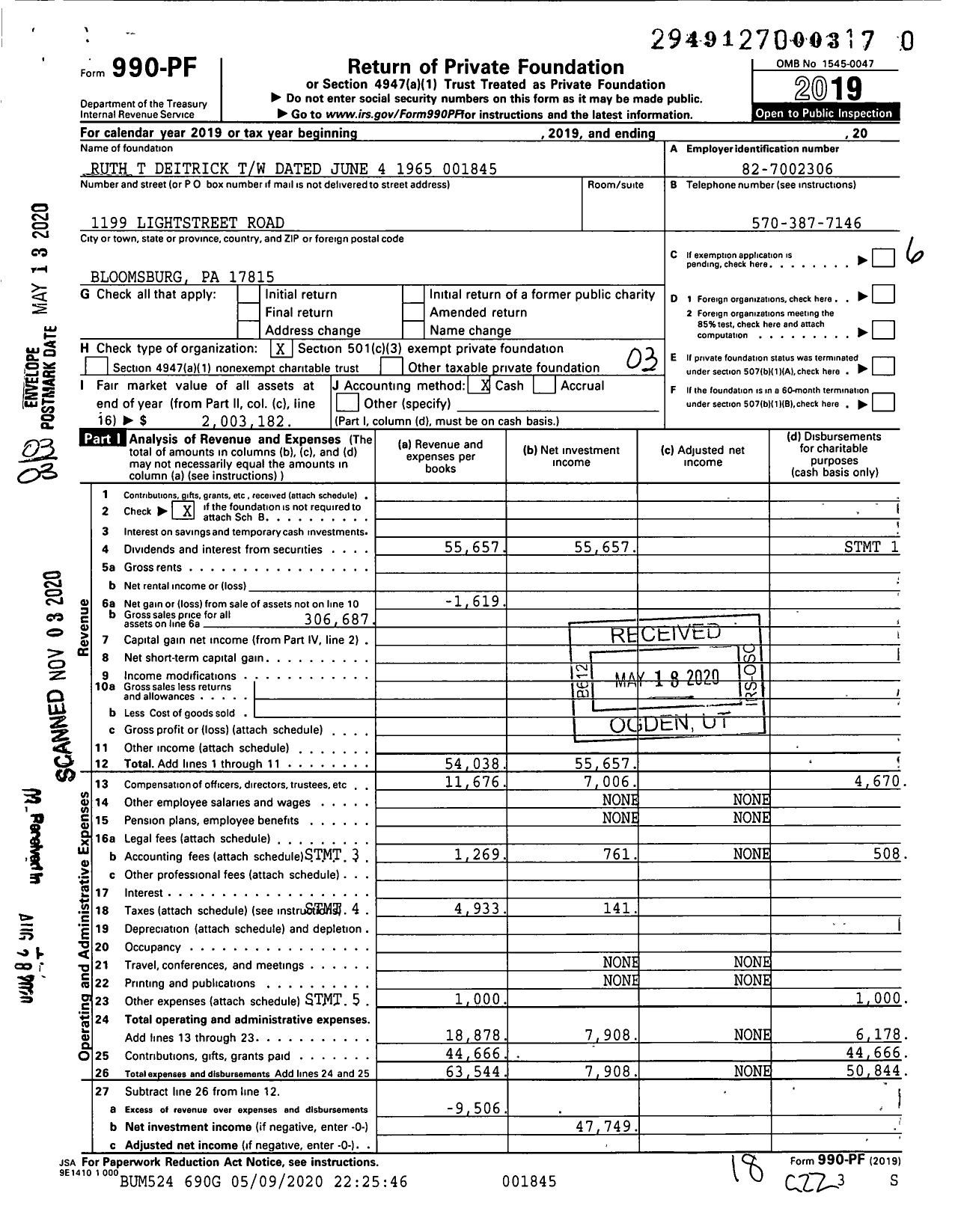 Image of first page of 2019 Form 990PF for Ruth T Deitrick TW Dated June 4 1965 001845