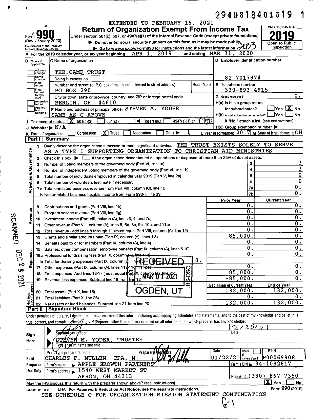 Image of first page of 2019 Form 990 for The Camf Trust (Christian Aid Ministries)