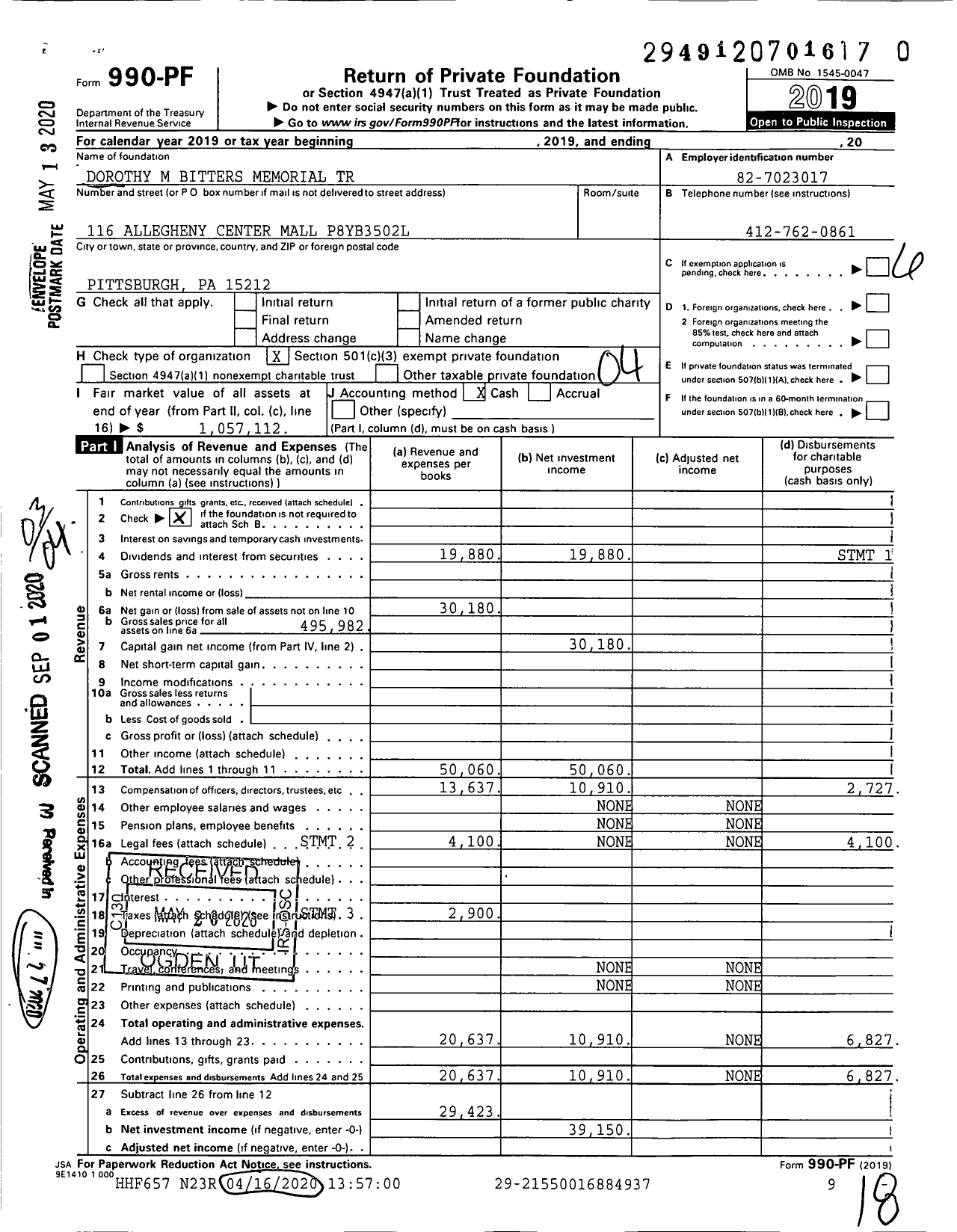 Image of first page of 2019 Form 990PR for Dorothy M Bitters Memorial Trust