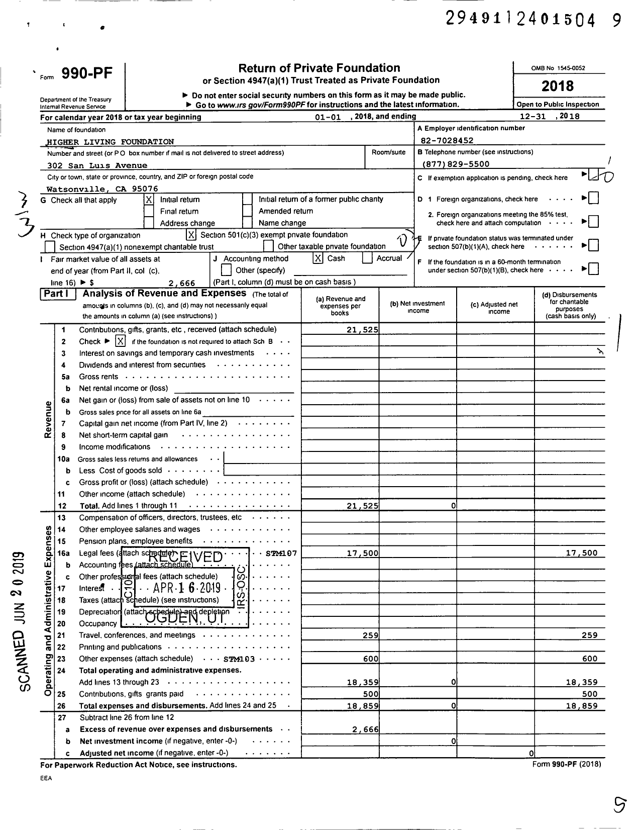 Image of first page of 2018 Form 990PF for Higher Living Foundation