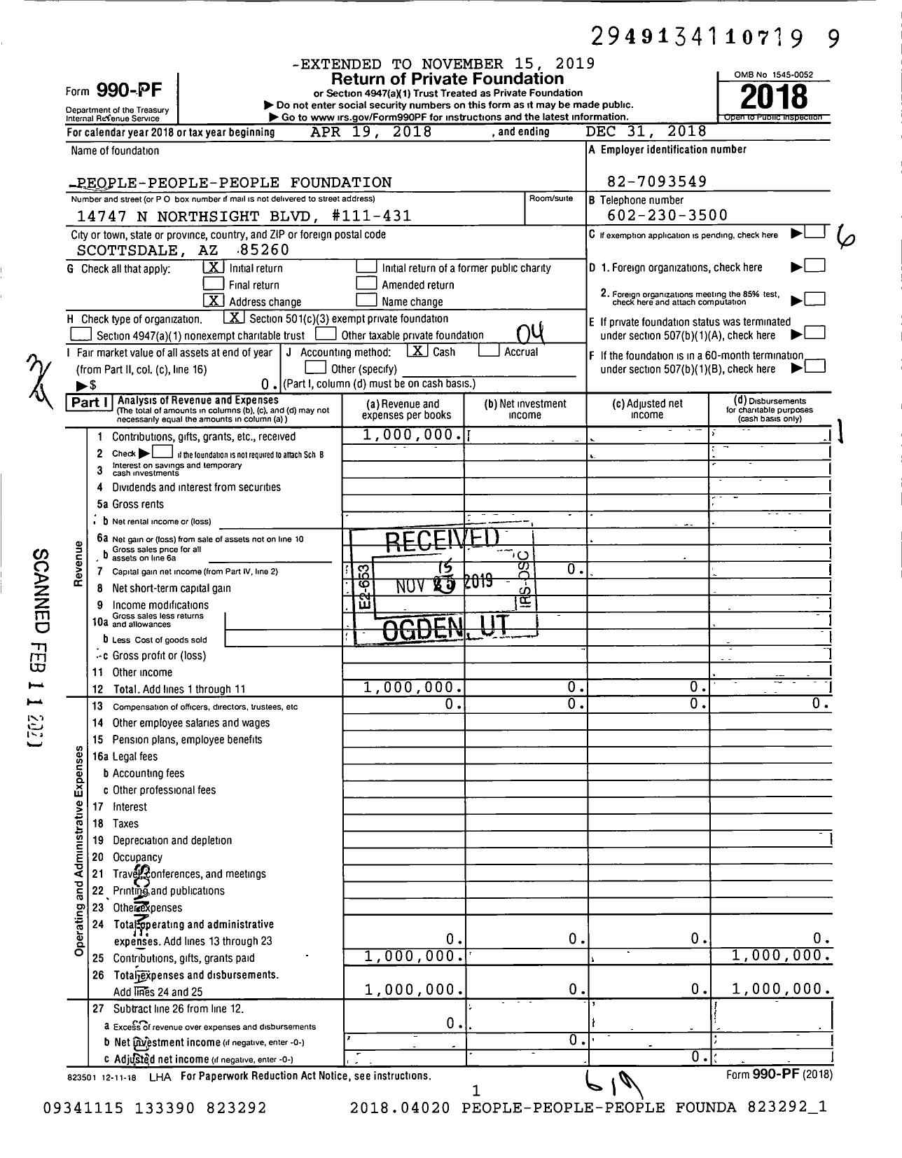 Image of first page of 2018 Form 990PF for People-People-People Foundation