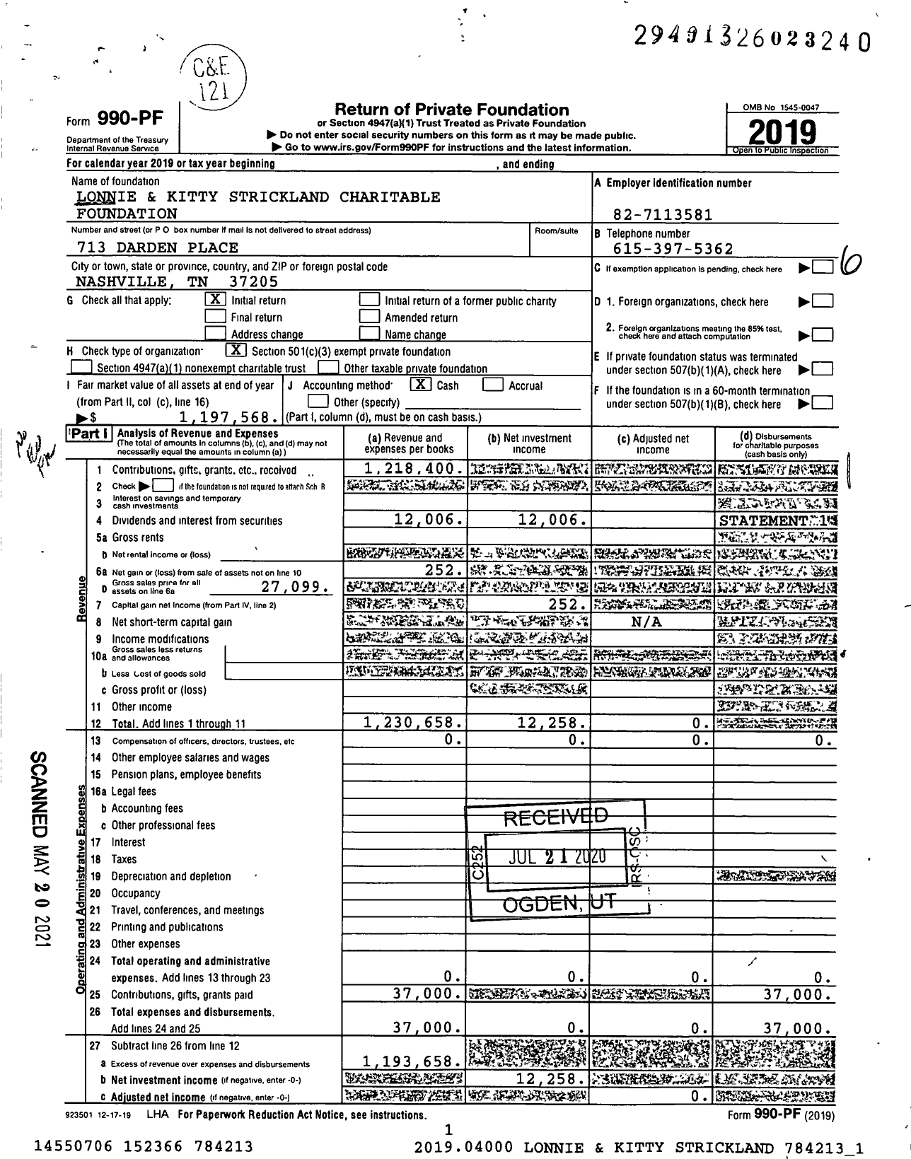 Image of first page of 2019 Form 990PF for Lonnie and Kitty Strickland Charitable Foundation