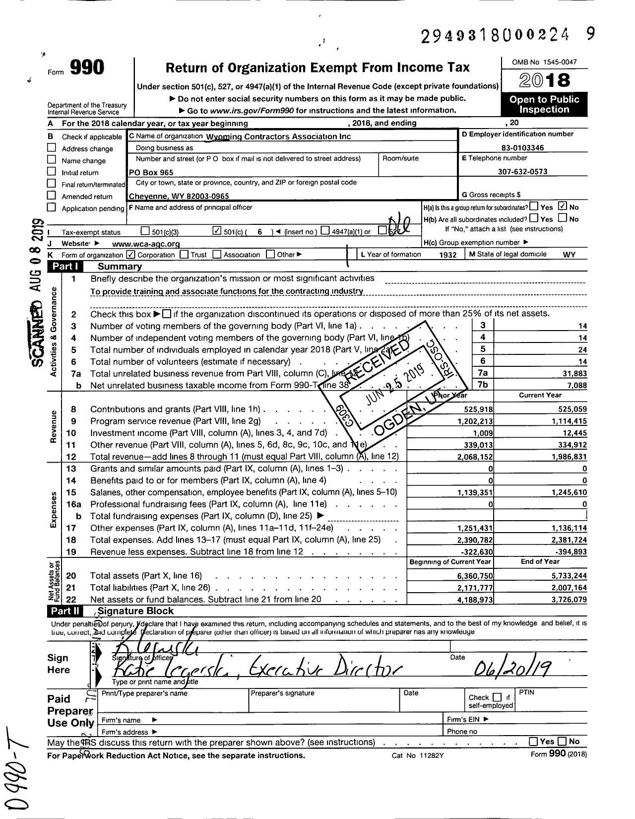 Image of first page of 2018 Form 990O for Associated General Contractors of Wyoming