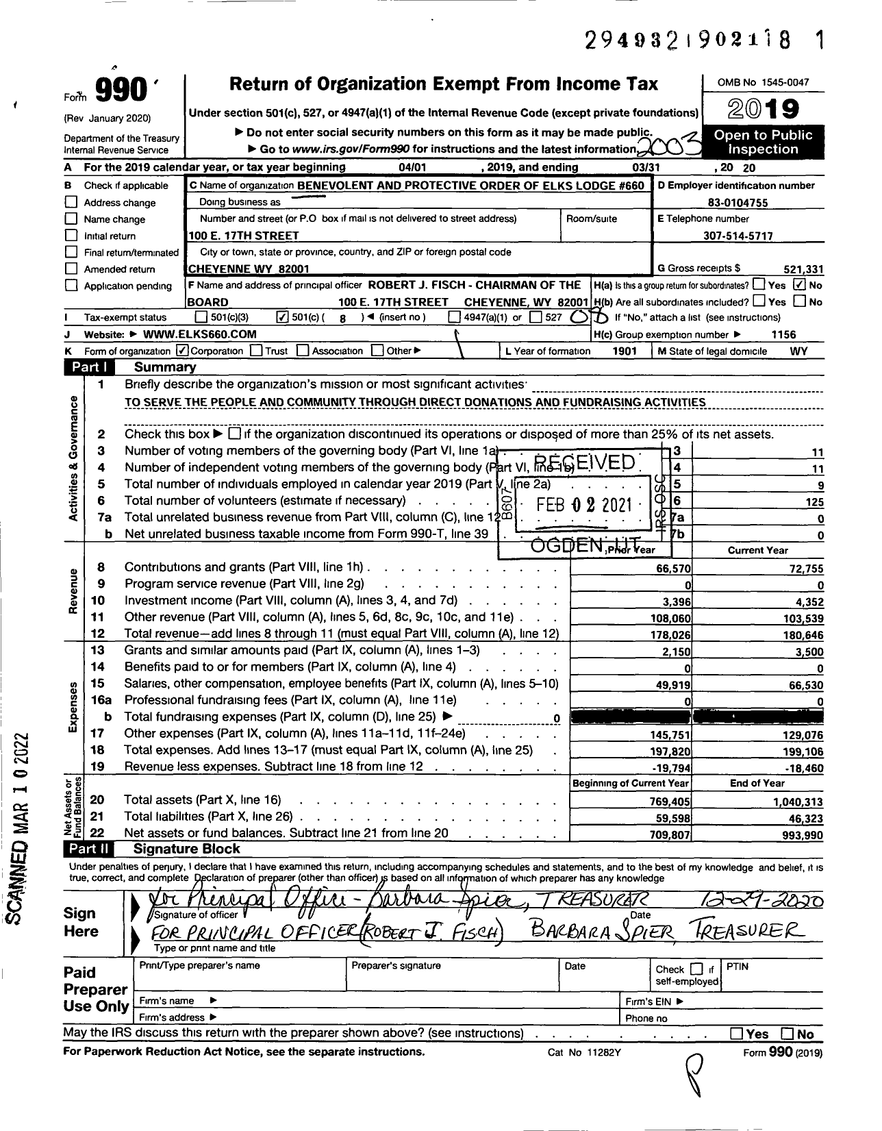 Image of first page of 2019 Form 990O for BENEVOLENT and PROTECTIVE ORDER OF ELKs - 660 Cheyenne