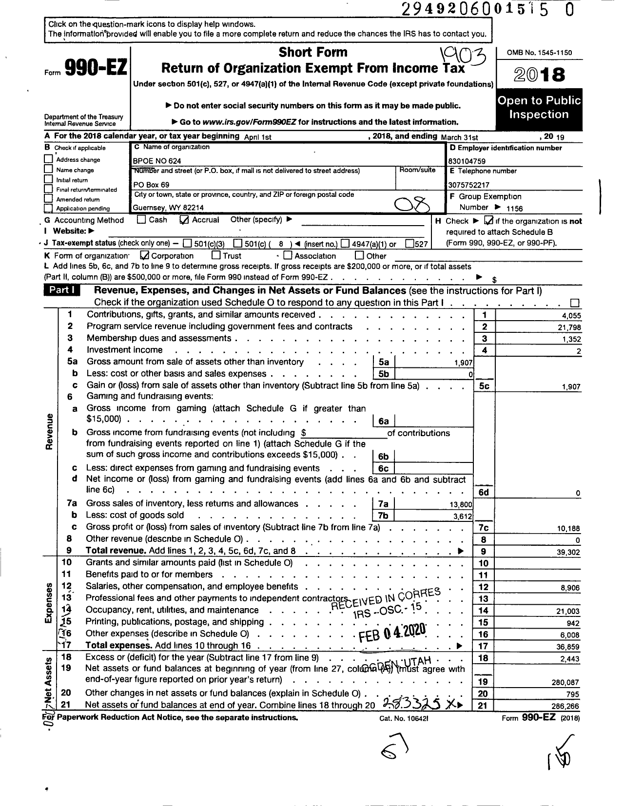 Image of first page of 2018 Form 990EO for Benevolent and Protective Order of Elks - 624 Rock Springs