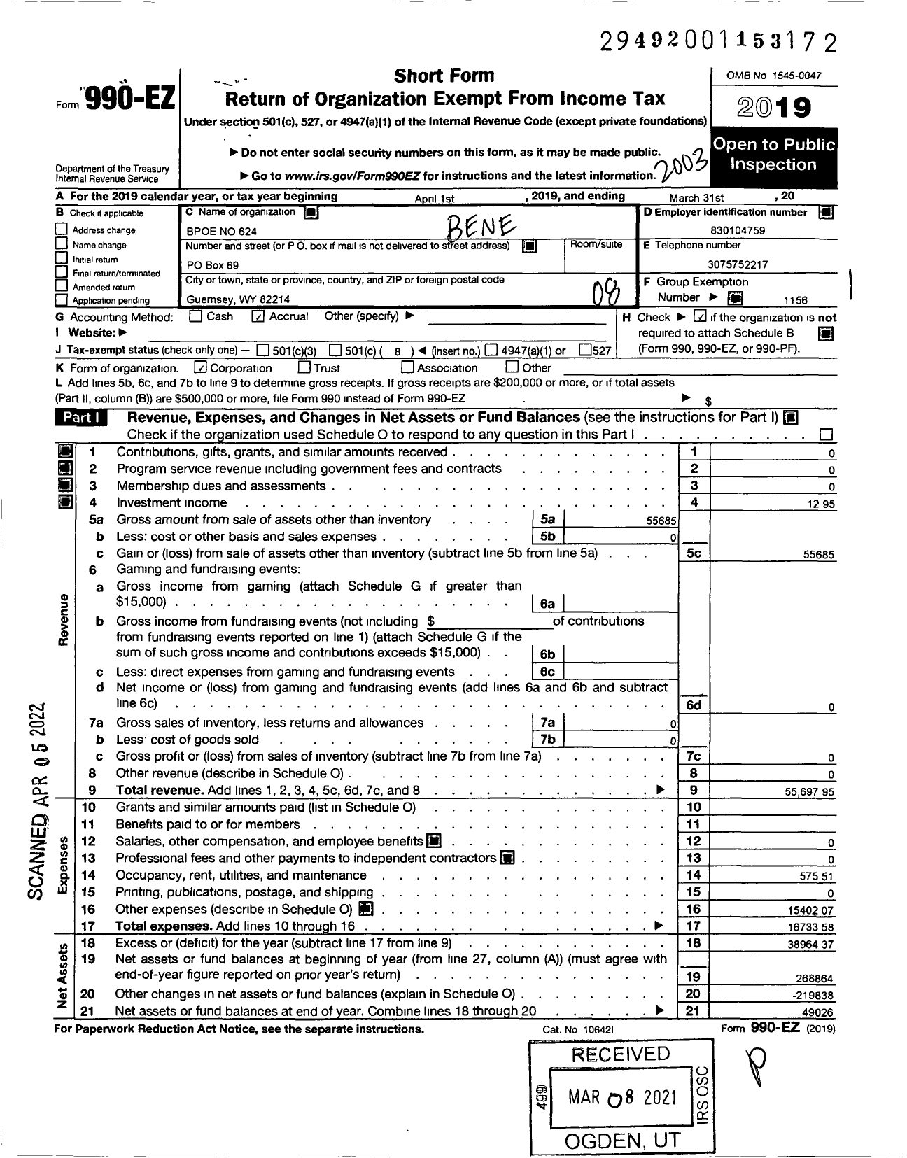 Image of first page of 2019 Form 990EO for Benevolent and Protective Order of Elks - 624 Rock Springs