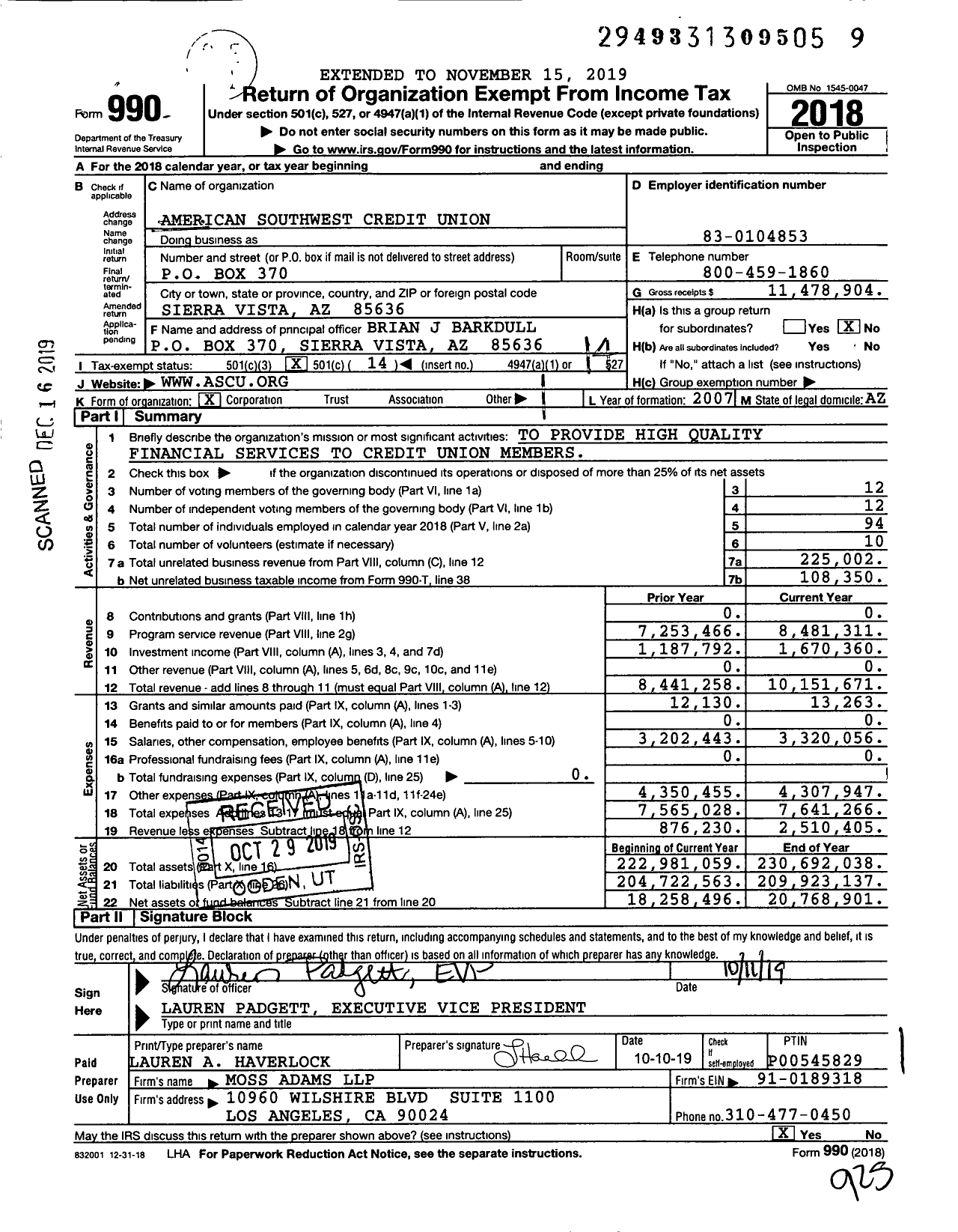 Image of first page of 2018 Form 990O for American Southwest Credit Union