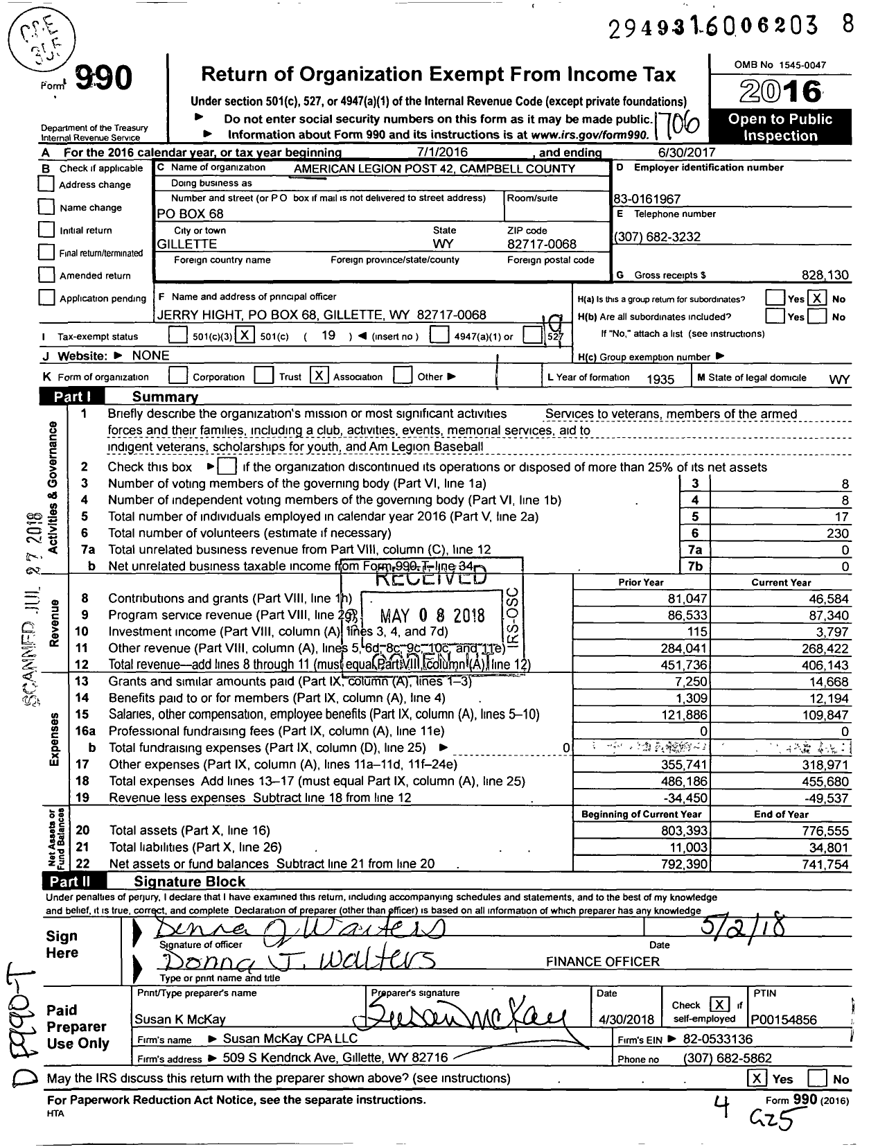 Image of first page of 2016 Form 990O for American Legion Post 42 Campbell County