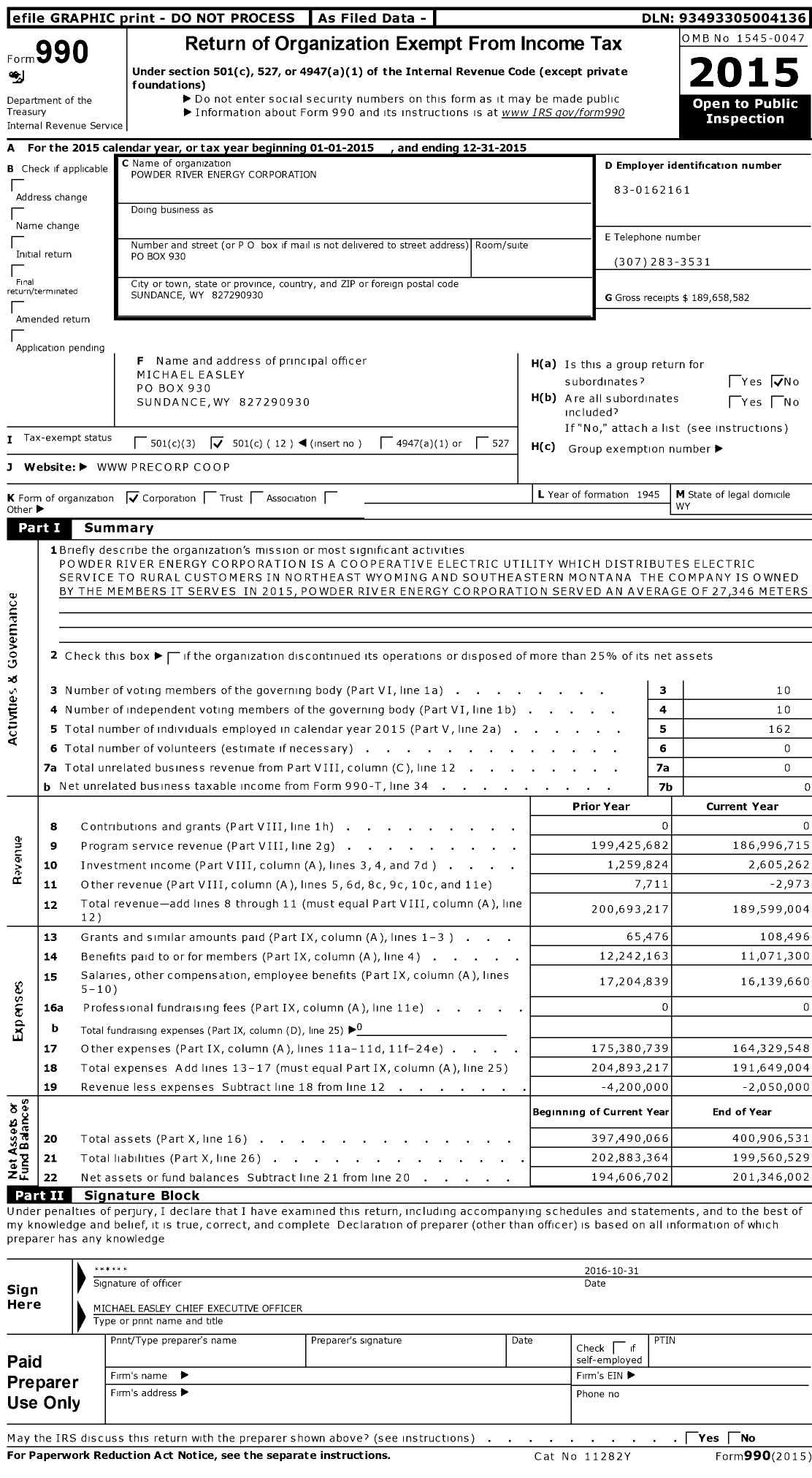 Image of first page of 2015 Form 990O for Powder River Energy Corporation
