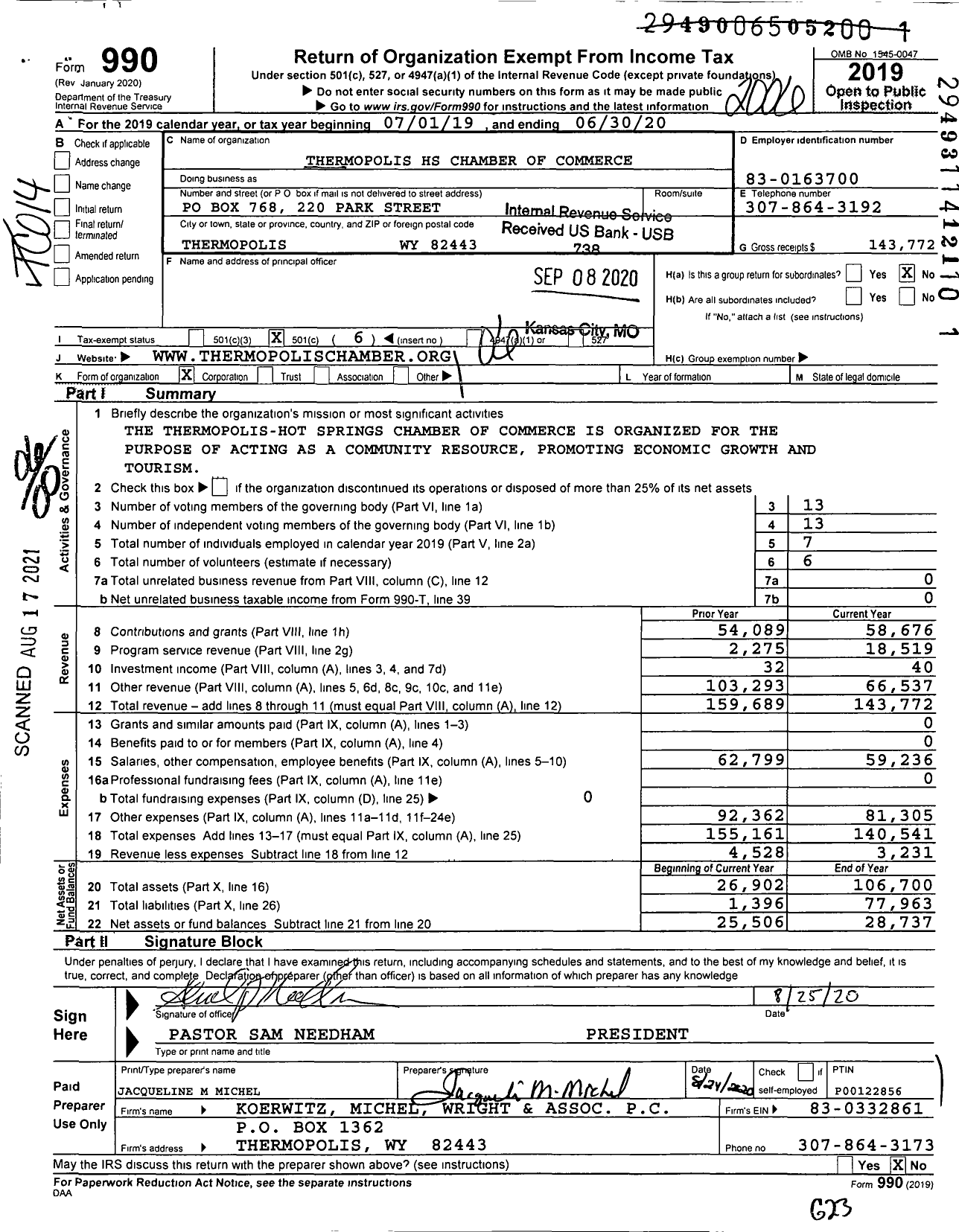 Image of first page of 2019 Form 990O for Thermopolis Hot Springs Chamber of Commerce