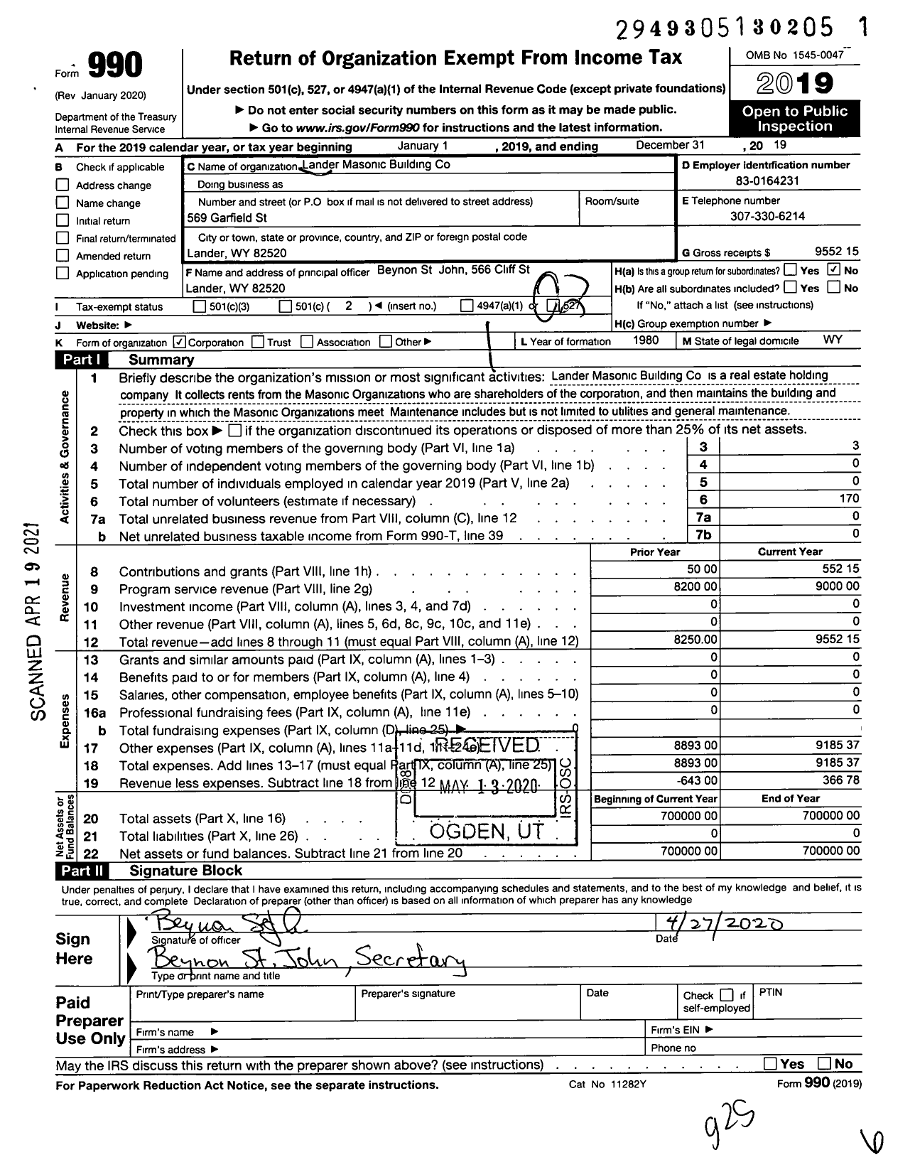 Image of first page of 2019 Form 990O for Lander Masonic Building Company