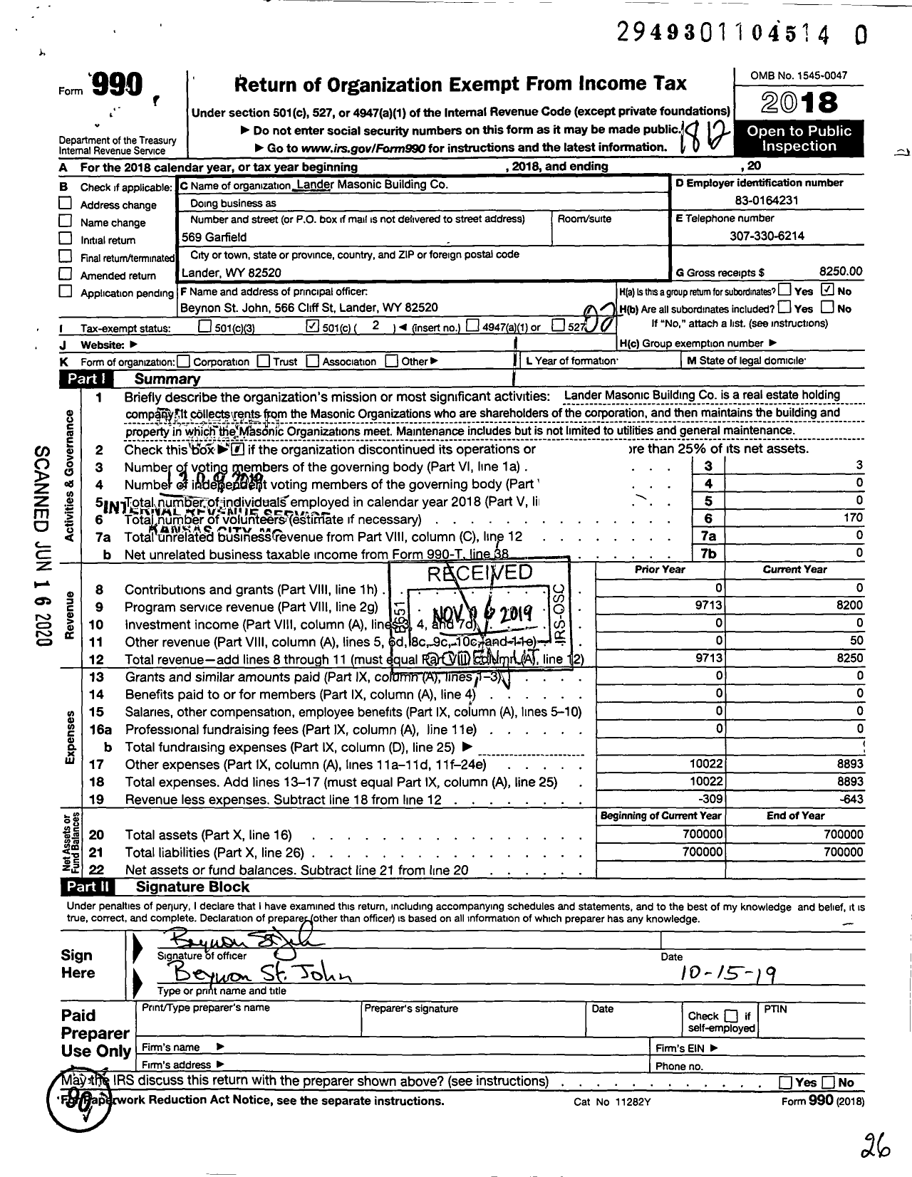 Image of first page of 2018 Form 990O for Lander Masonic Building Company