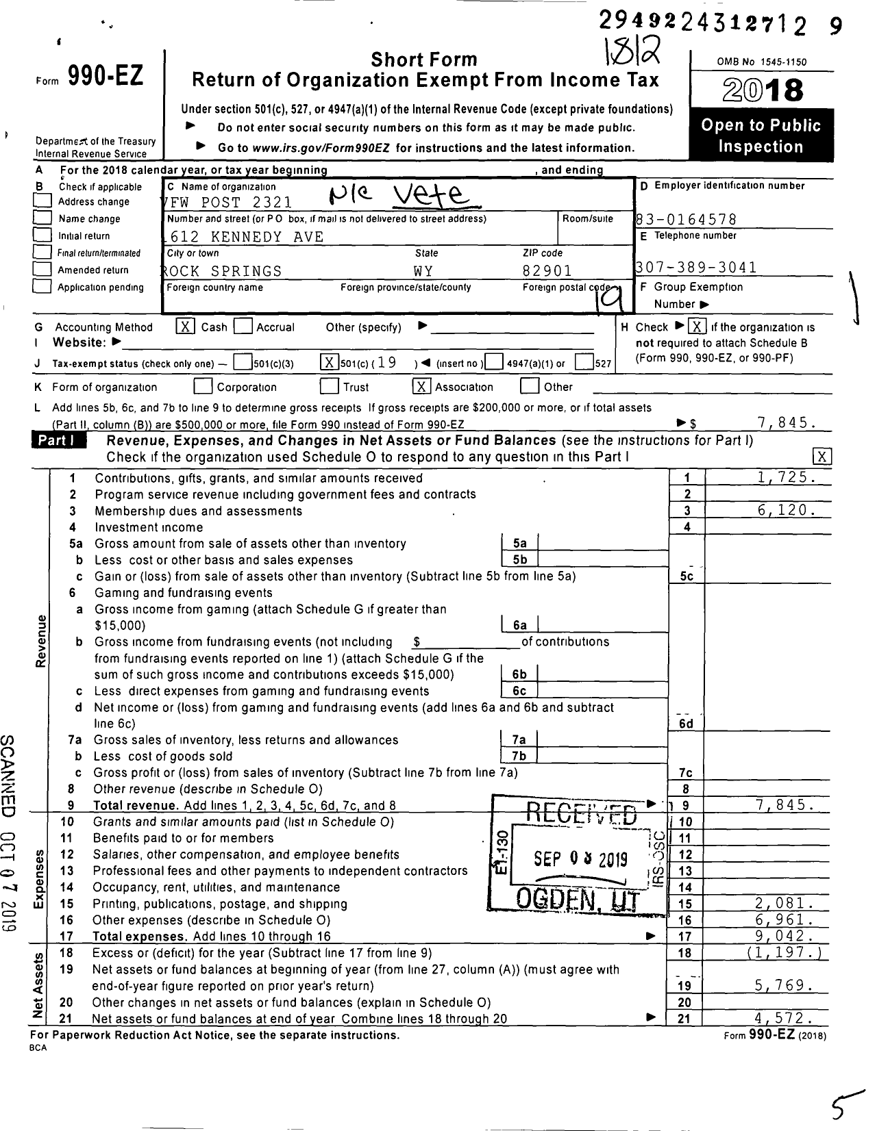 Image of first page of 2018 Form 990EO for Veterans of Foreign Wars of the United States Department of Wyomin - 2321 Pilot Butte