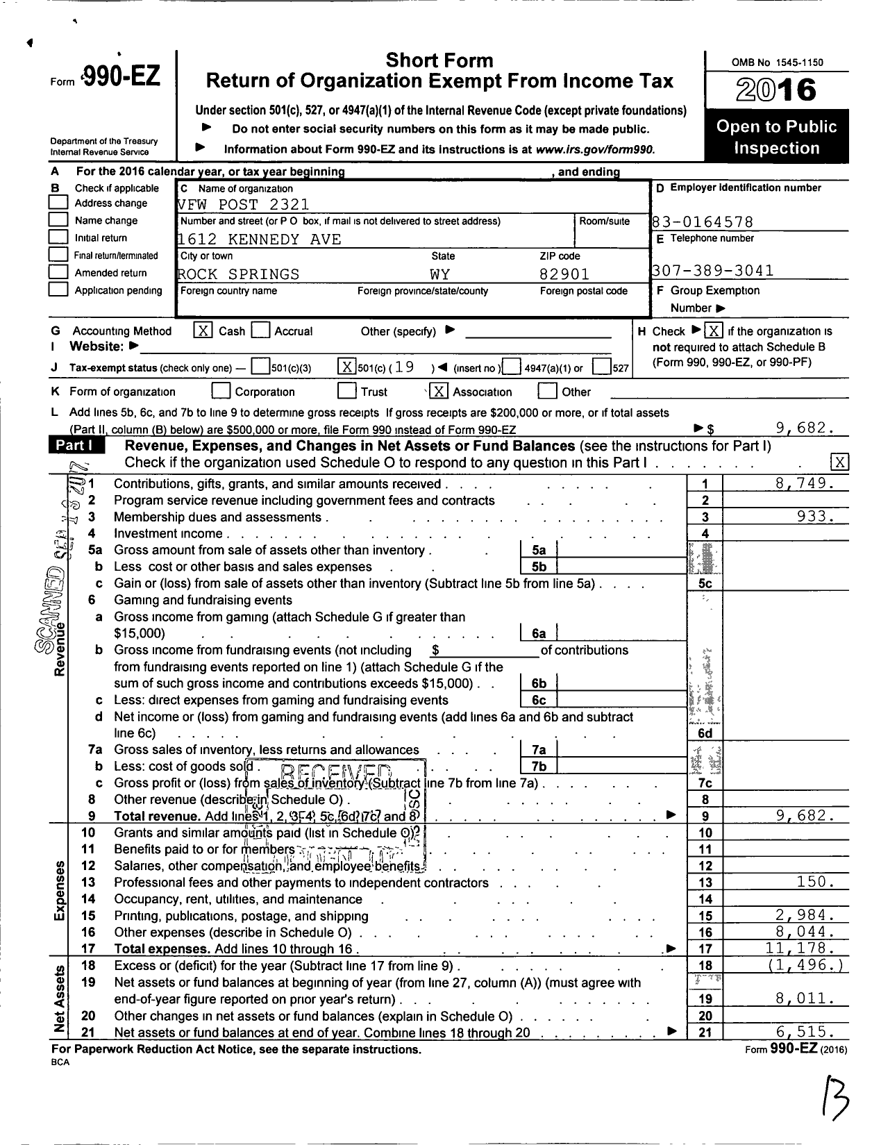 Image of first page of 2016 Form 990EO for Veterans of Foreign Wars of the United States Department of Wyomin - 2321 Pilot Butte