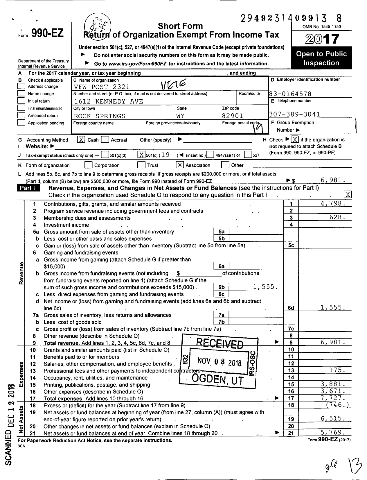 Image of first page of 2017 Form 990EO for Veterans of Foreign Wars of the United States Department of Wyomin - 2321 Pilot Butte