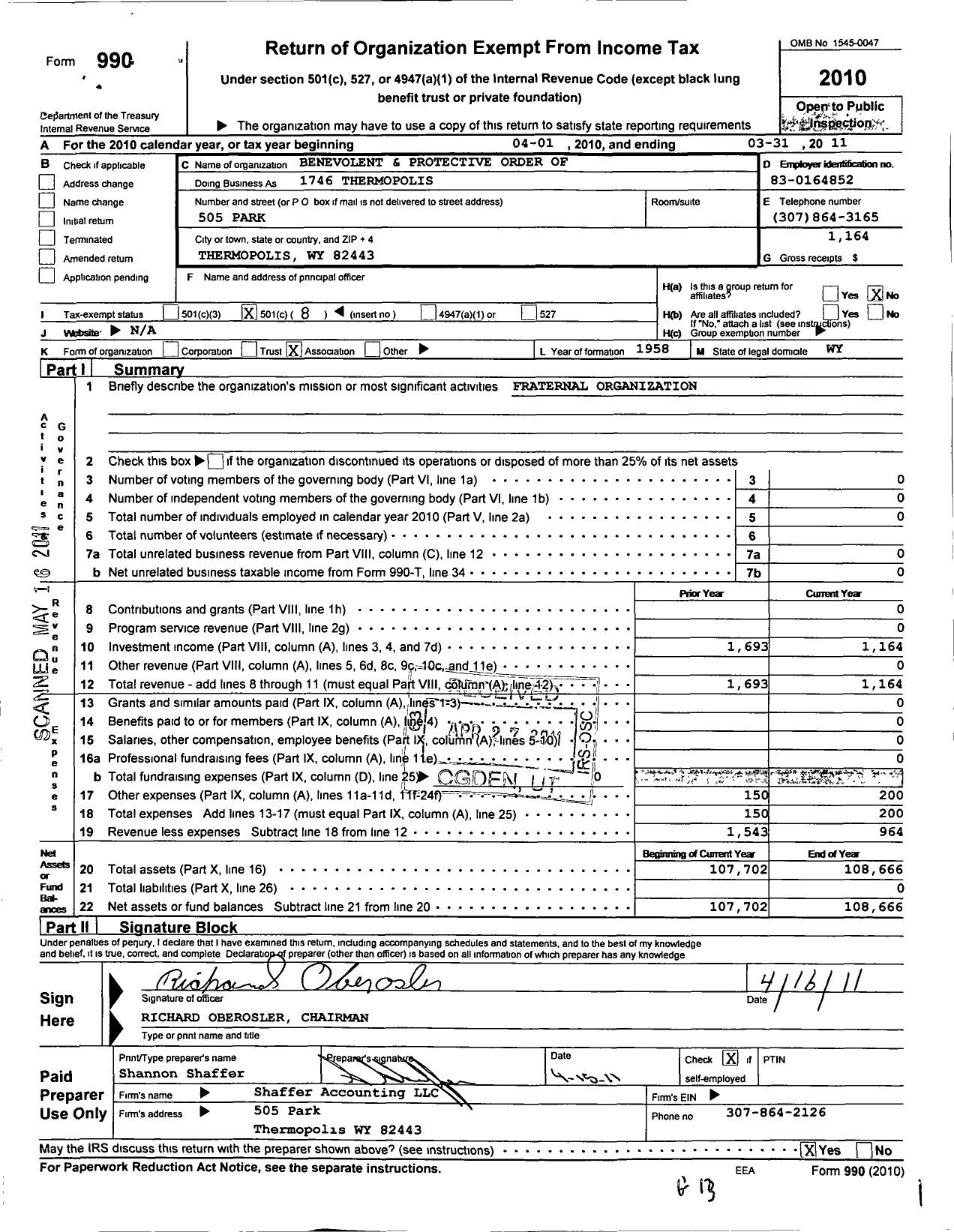 Image of first page of 2010 Form 990O for Benevolent and Protective Order of Elks - 1746 Thermopolis