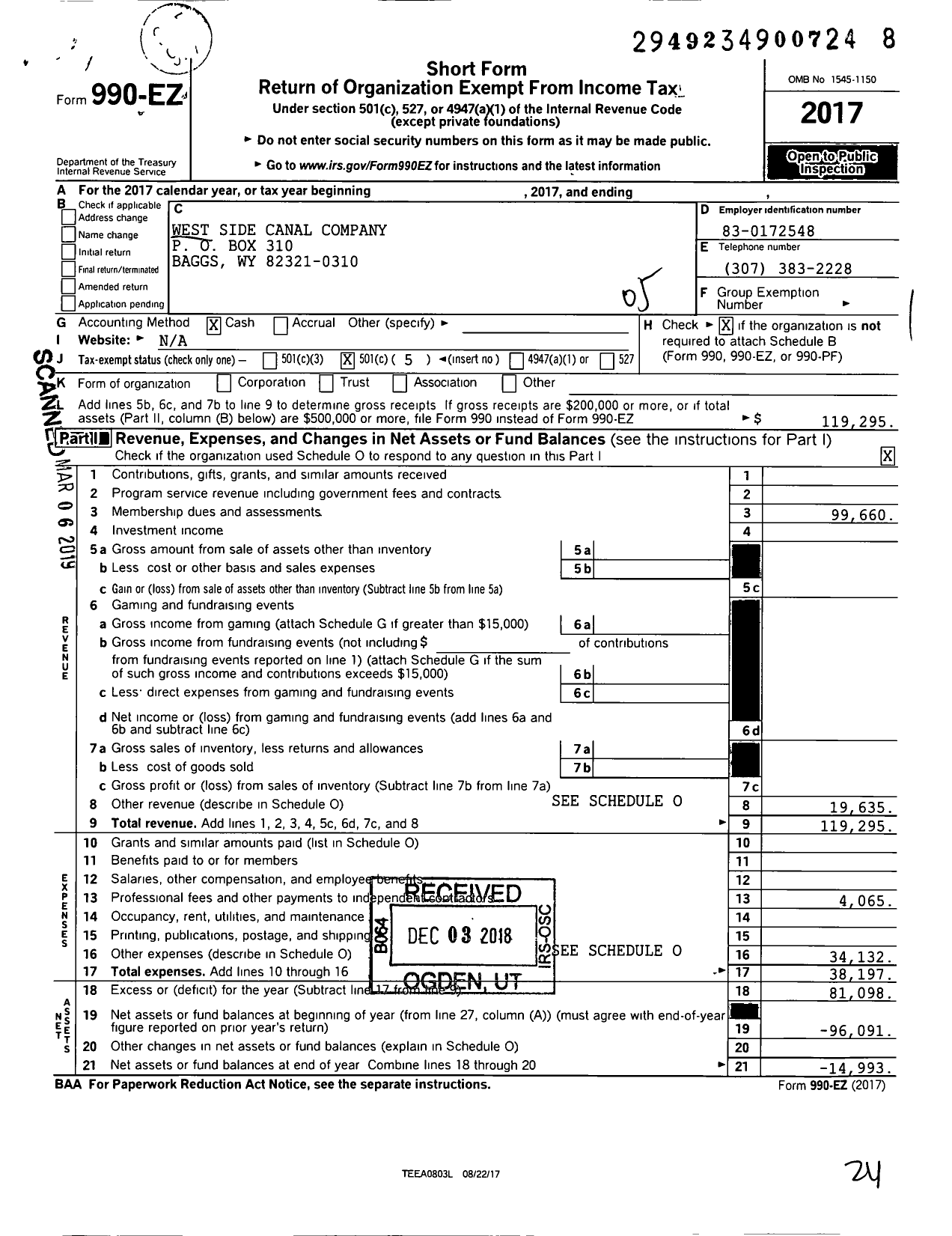 Image of first page of 2017 Form 990EO for West Side Canal Company